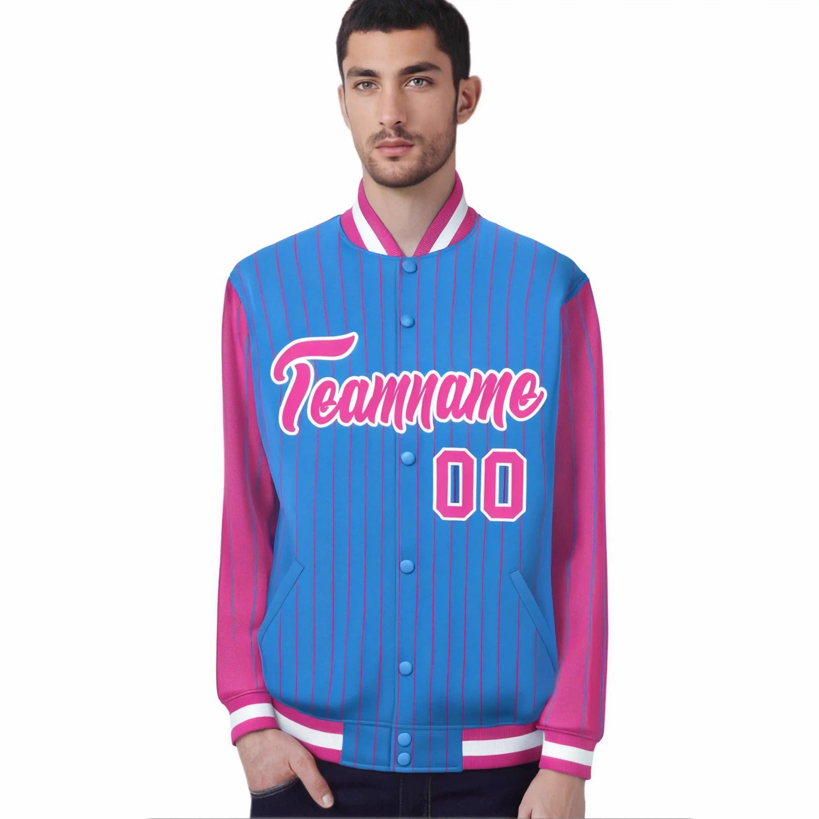 Custom Powder Blue Pink Pinstripe White-Pink Bomber Full-Snap Varsity Letterman Jacket