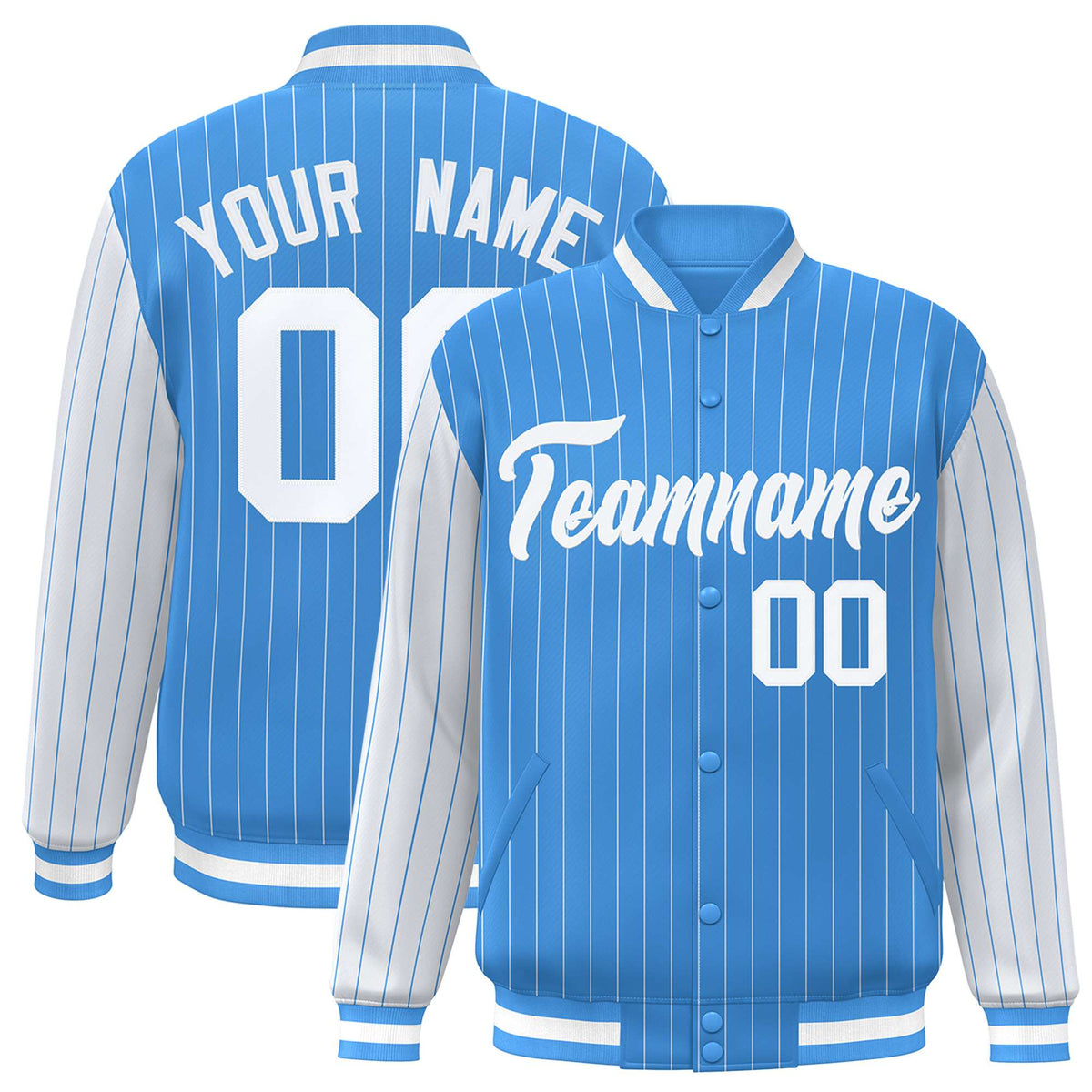 Custom Light Blue White Pinstripe White Bomber Full-Snap Varsity Letterman Jacket