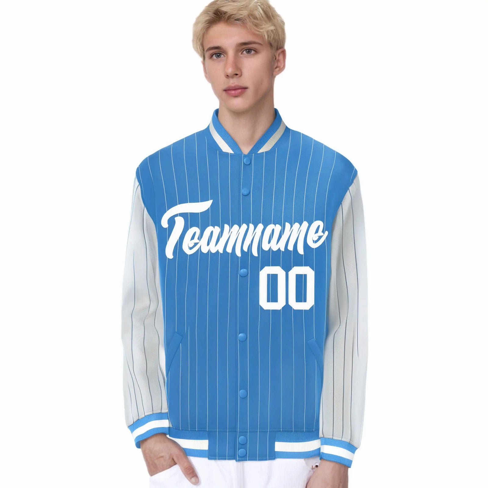 Custom Light Blue White Pinstripe White Bomber Full-Snap Varsity Letterman Jacket