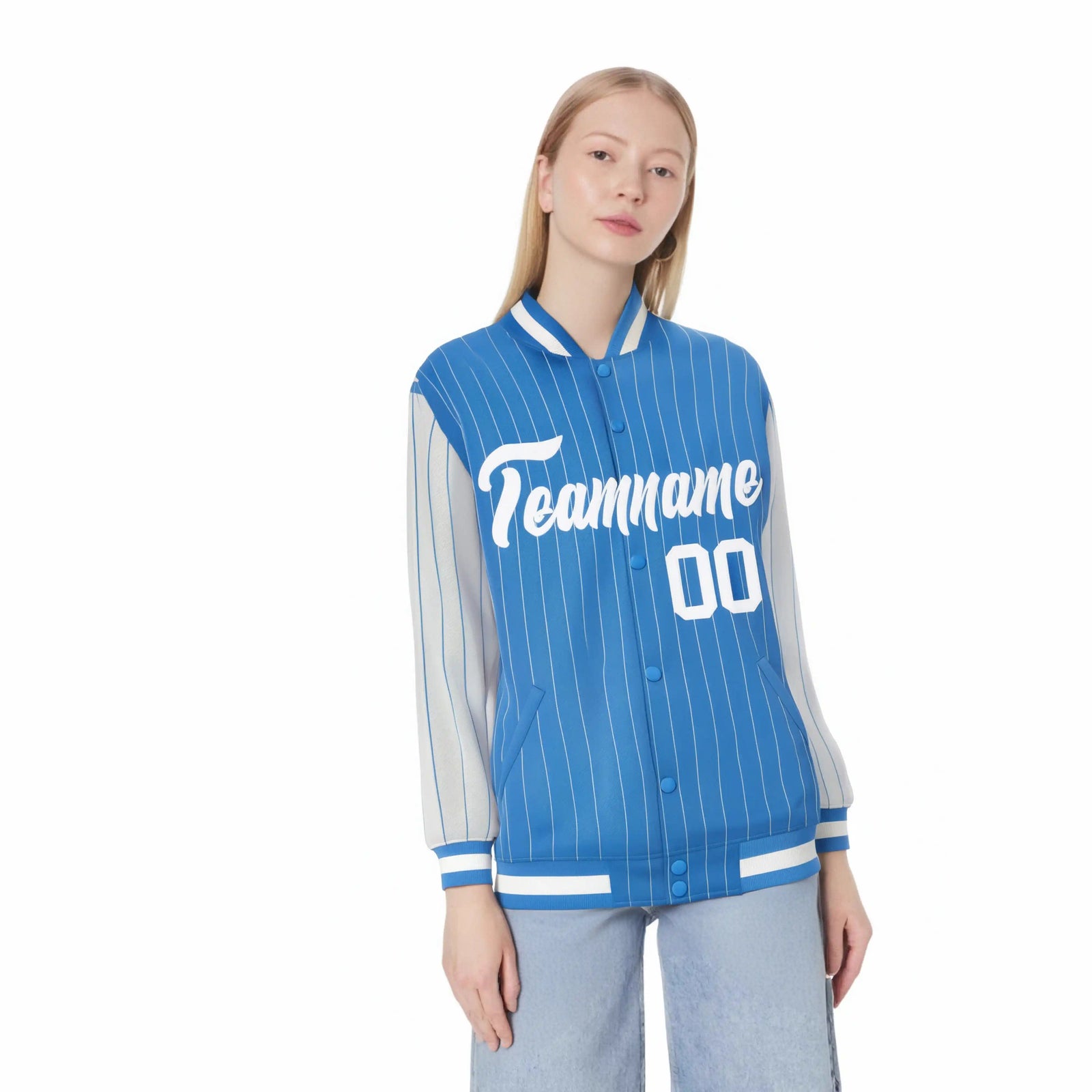 Custom Light Blue White Pinstripe White Bomber Full-Snap Varsity Letterman Jacket