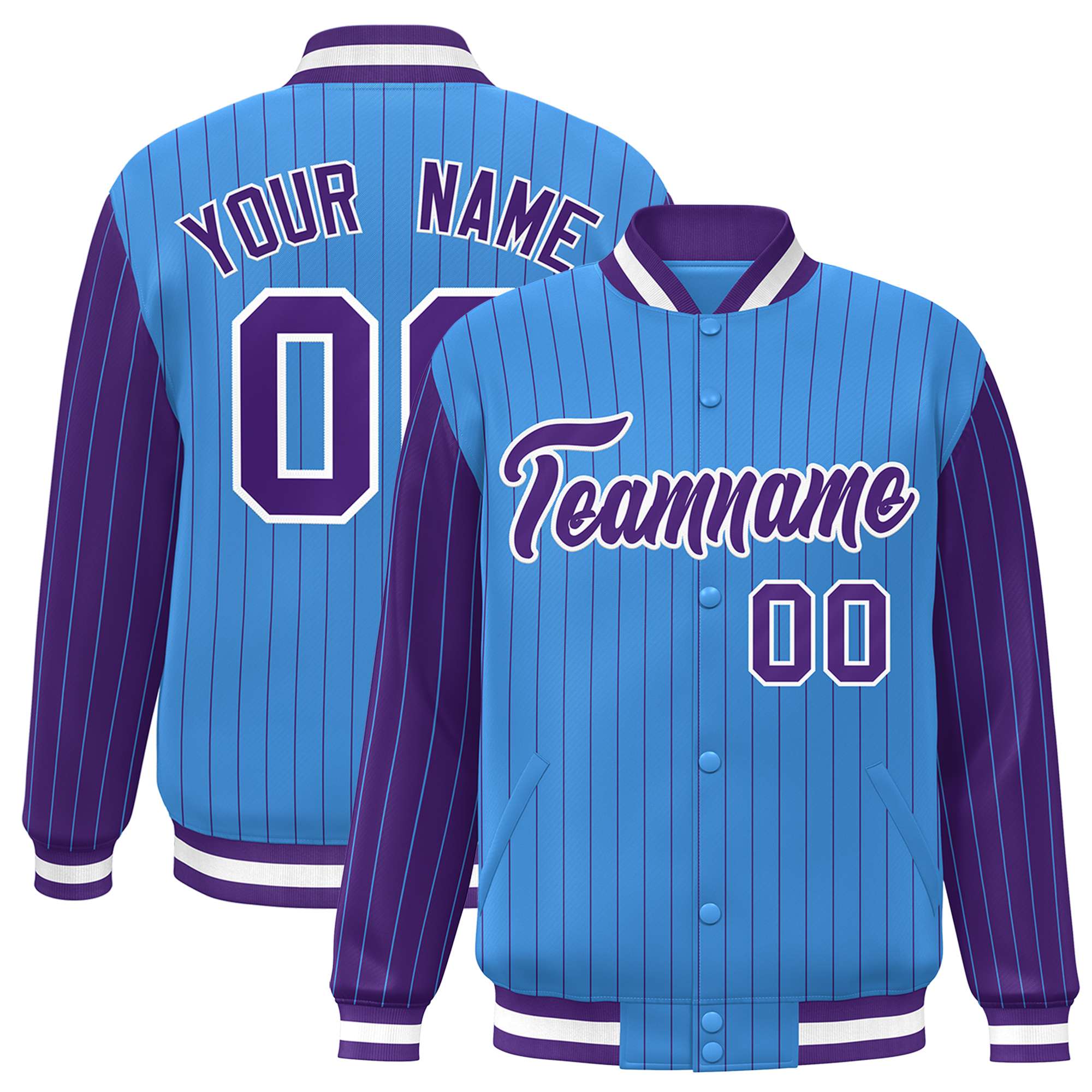 Custom Powder Blue Purple Pinstripe White-Purple Bomber Full-Snap Varsity Letterman Jacket