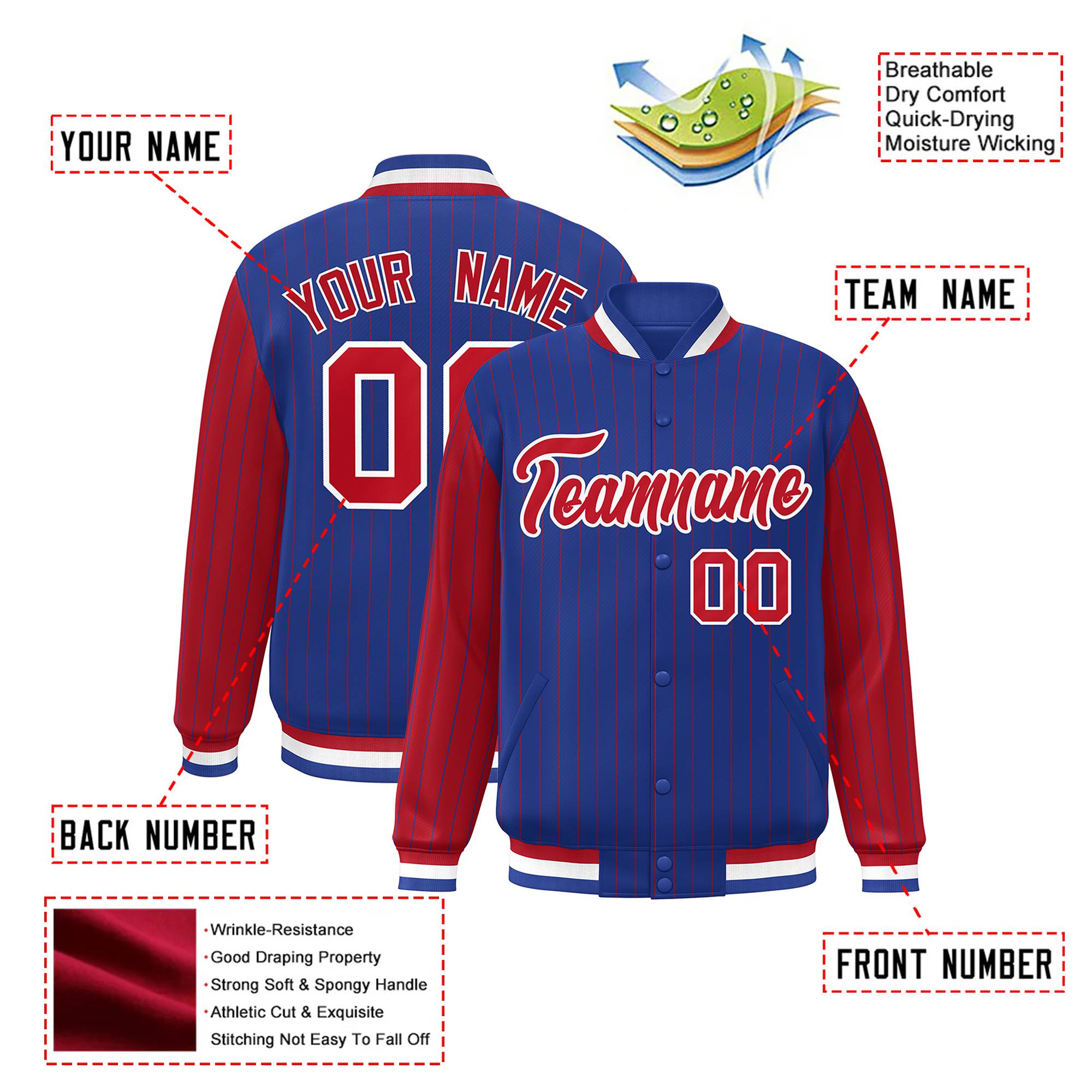 Custom Royal-Blue Red Pinstripe White-Red Bomber Full-Snap Varsity Letterman Jacket