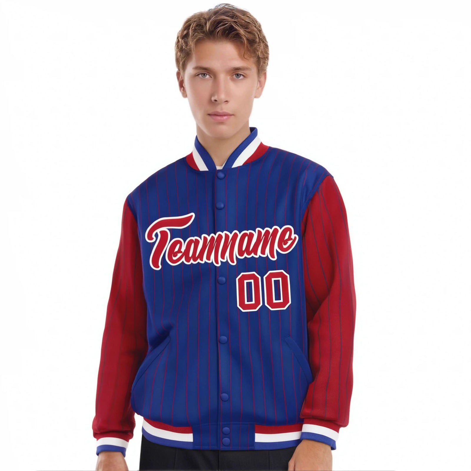 Custom Royal-Blue Red Pinstripe White-Red Bomber Full-Snap Varsity Letterman Jacket