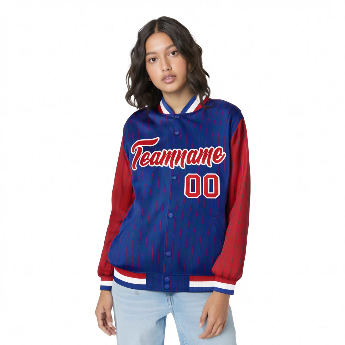 Custom Royal-Blue Red Pinstripe White-Red Bomber Full-Snap Varsity Letterman Jacket