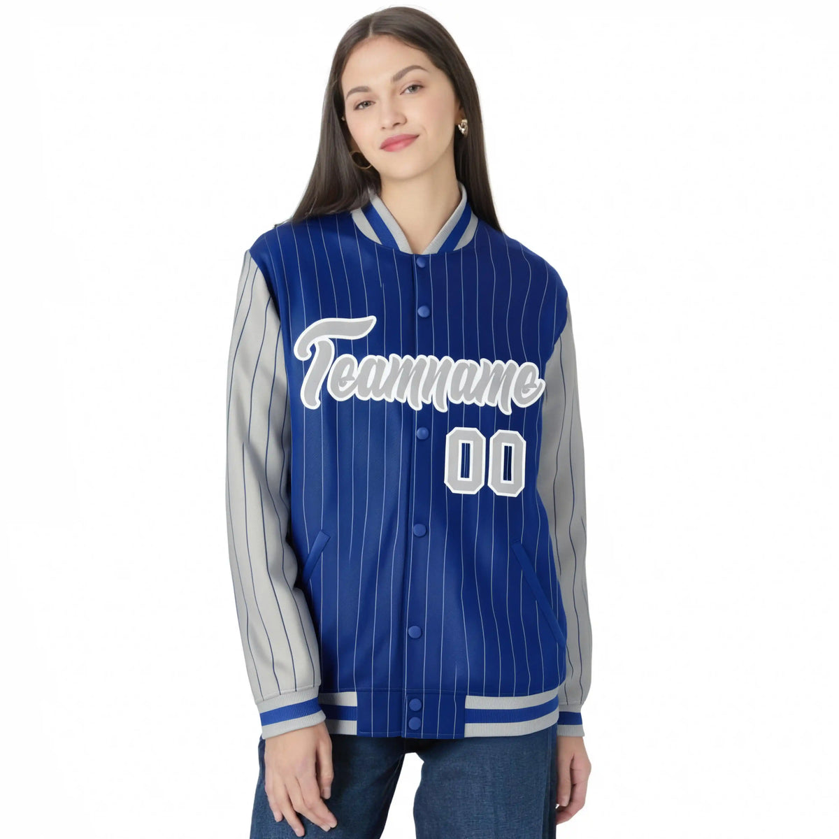 Custom Royal-Blue Gray Pinstripe White-Gray Bomber Full-Snap Varsity Letterman Jacket