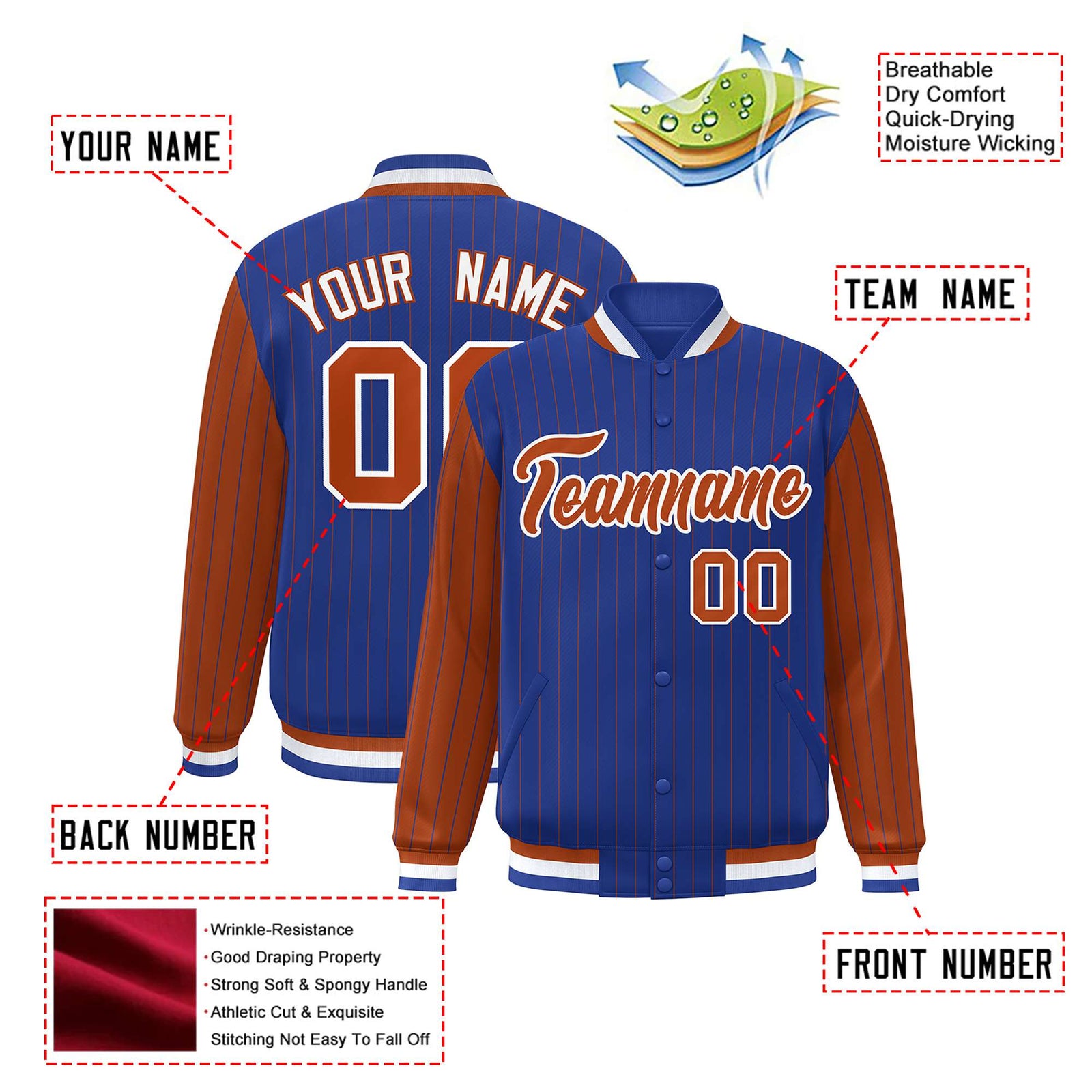 Custom Royal-Blue Brown Pinstripe White-Brown Bomber Full-Snap Varsity Letterman Jacket