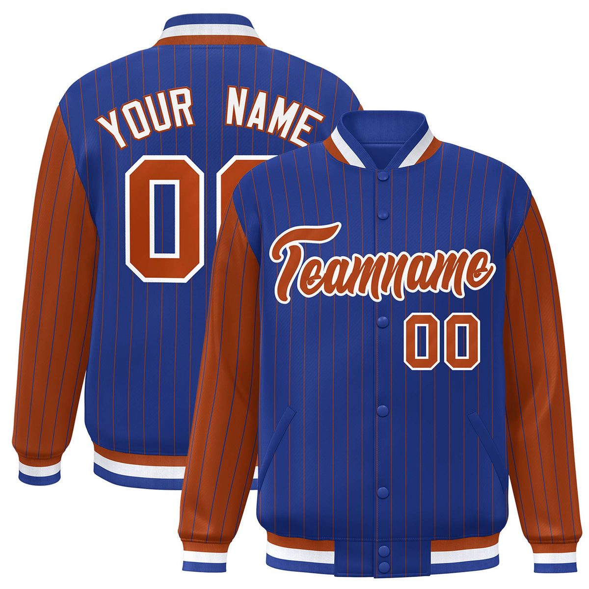 Custom Royal-Blue Brown Pinstripe White-Brown Bomber Full-Snap Varsity Letterman Jacket
