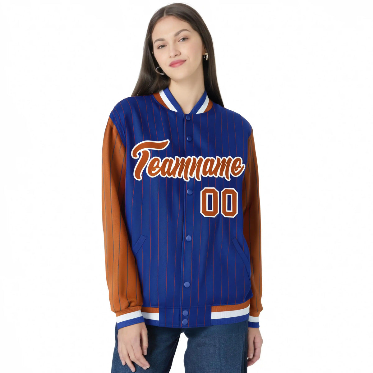 Custom Royal-Blue Brown Pinstripe White-Brown Bomber Full-Snap Varsity Letterman Jacket