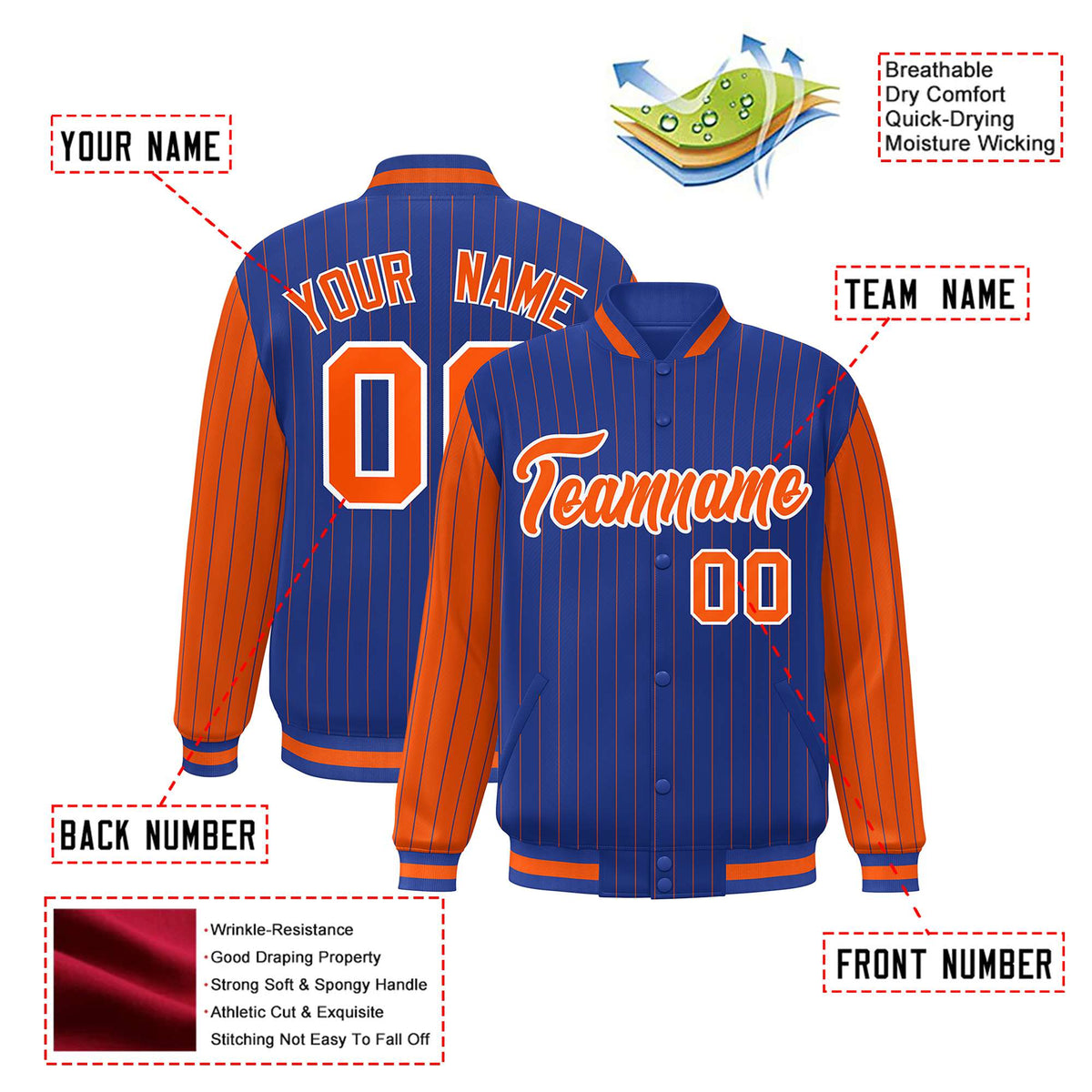 Custom Royal-Blue Orange Pinstripe White-Orange Bomber Full-Snap Varsity Letterman Jacket