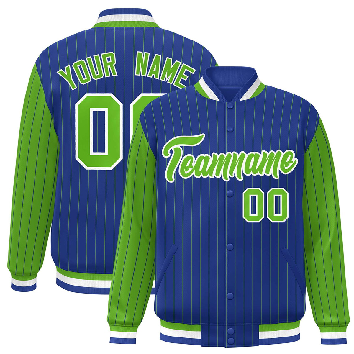 Custom Royal-Blue Neon-Green Pinstripe White Neon-Green Bomber Full-Snap Varsity Letterman Jacket