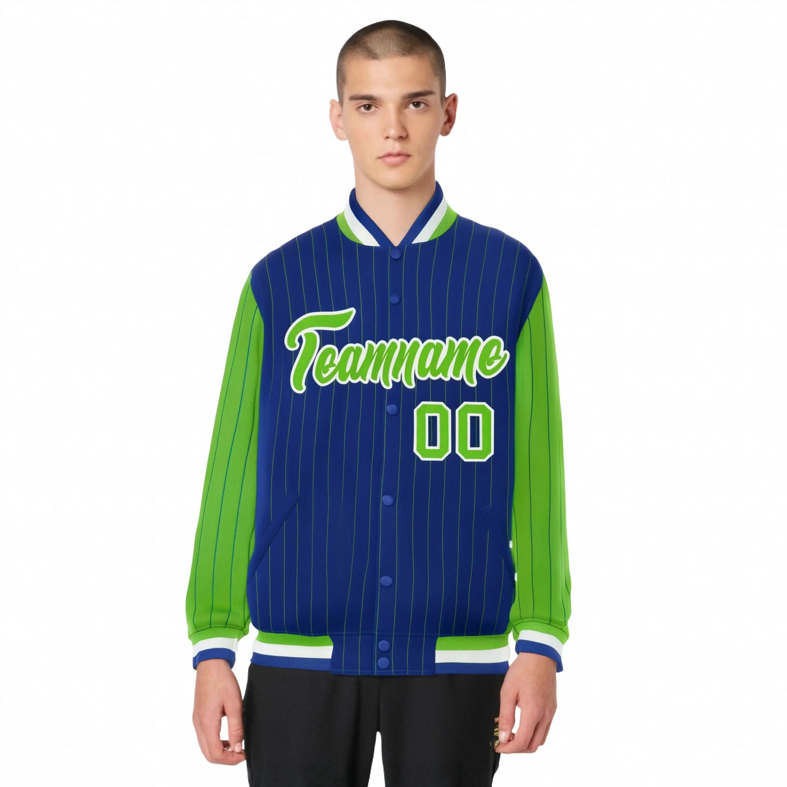 Custom Royal-Blue Neon-Green Pinstripe White Neon-Green Bomber Full-Snap Varsity Letterman Jacket