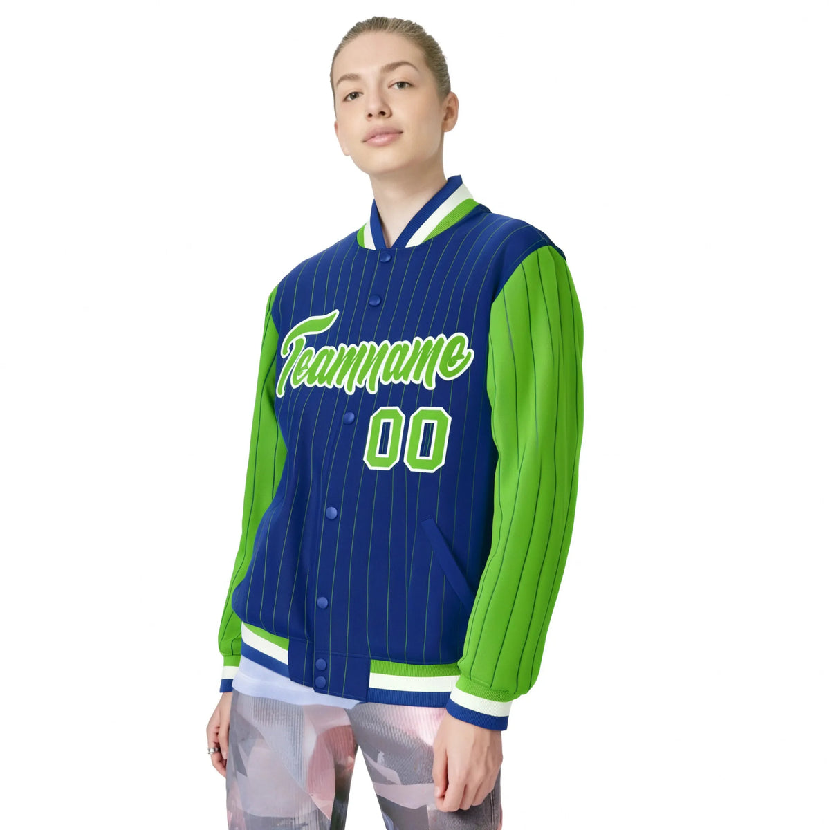 Custom Royal-Blue Neon-Green Pinstripe White Neon-Green Bomber Full-Snap Varsity Letterman Jacket
