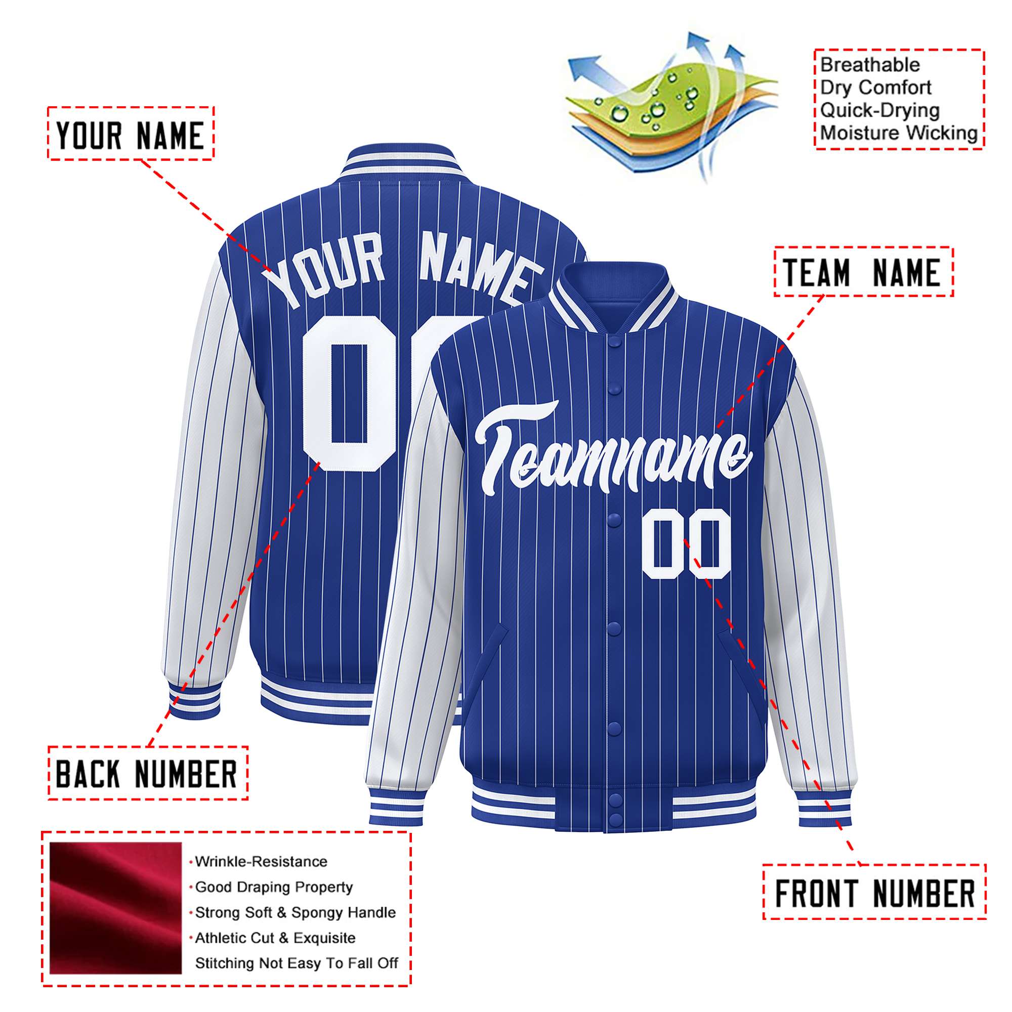 Custom Royal-Blue White Pinstripe White Bomber Full-Snap Varsity Letterman Jacket