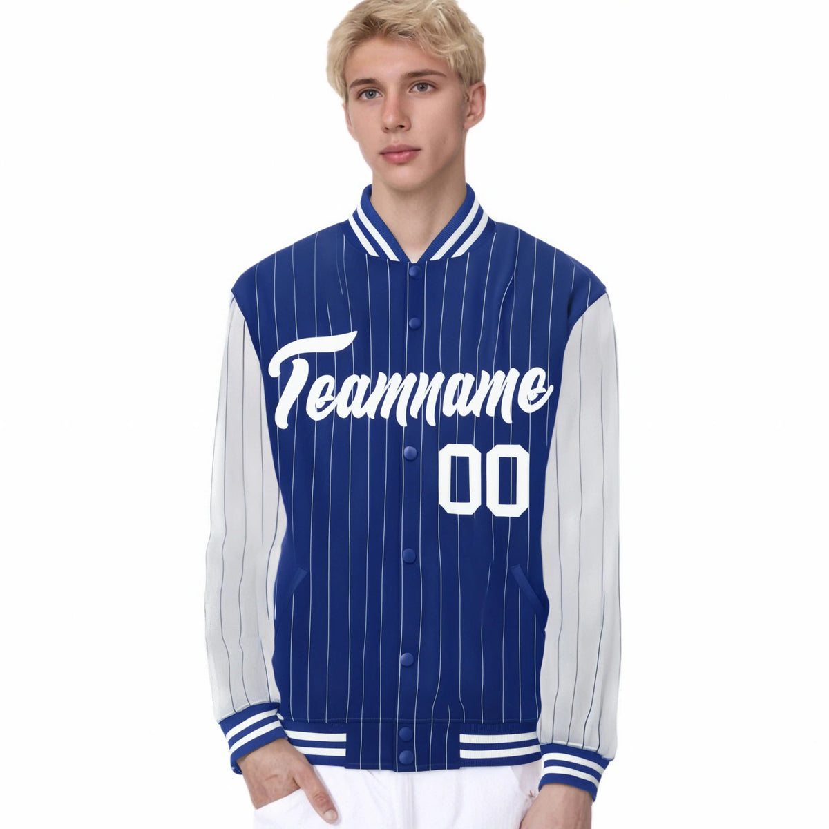 Custom Royal-Blue White Pinstripe White Bomber Full-Snap Varsity Letterman Jacket
