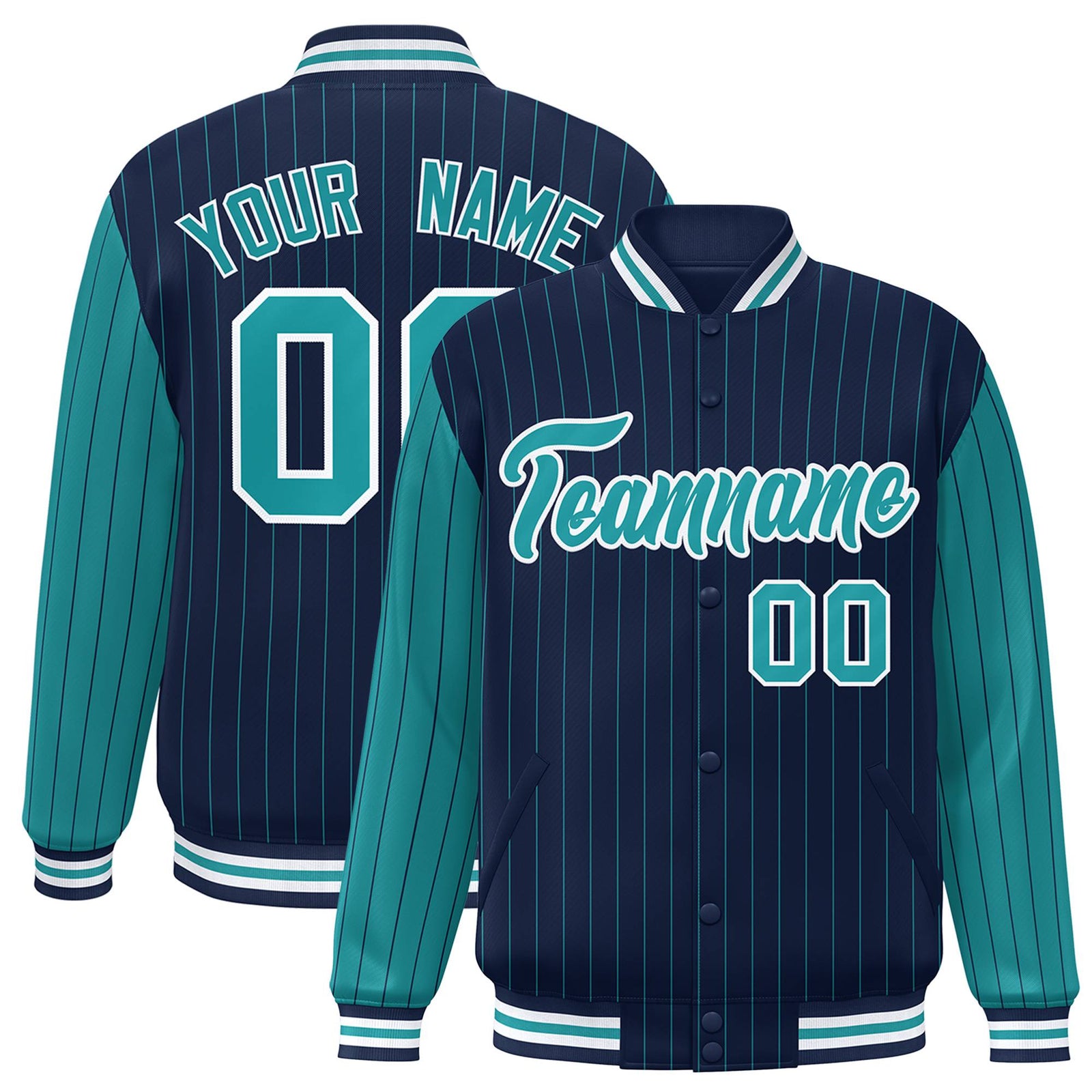 Custom Navy-Aqua Pinstripe White-Aqua Bomber Full-Snap Varsity Letterman Jacket