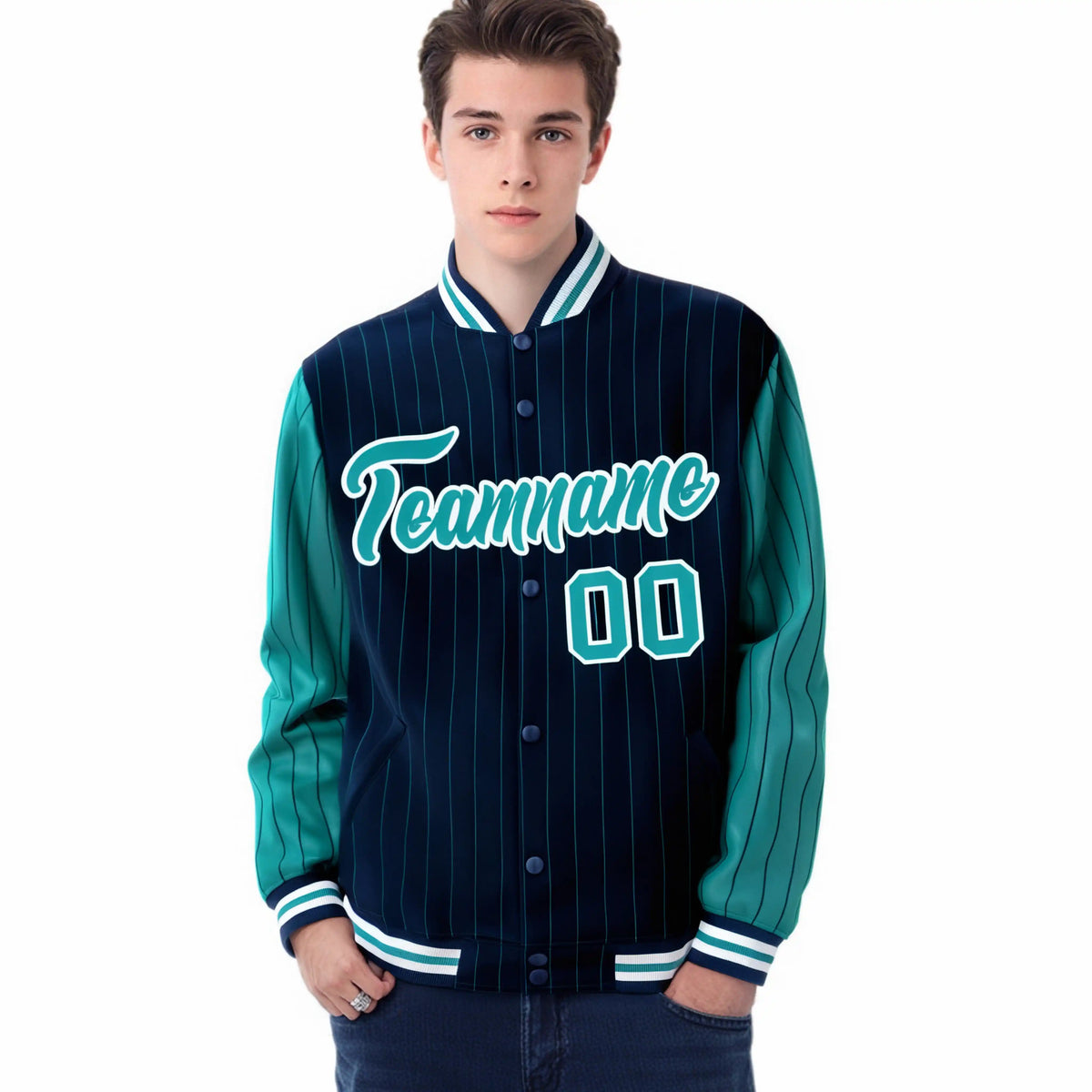 Custom Navy-Aqua Pinstripe White-Aqua Bomber Full-Snap Varsity Letterman Jacket