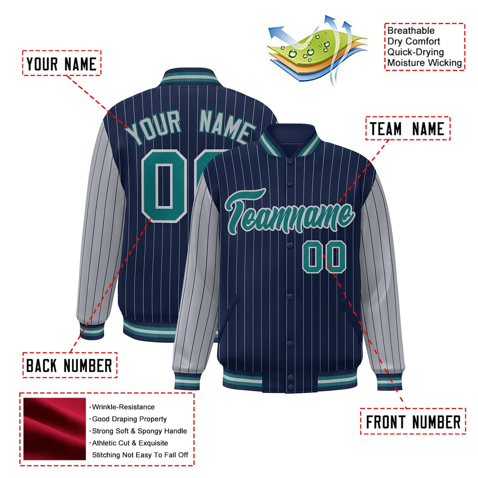 Custom Navy-Gray Pinstripe Gray-Aqua Bomber Full-Snap Varsity Letterman Jacket