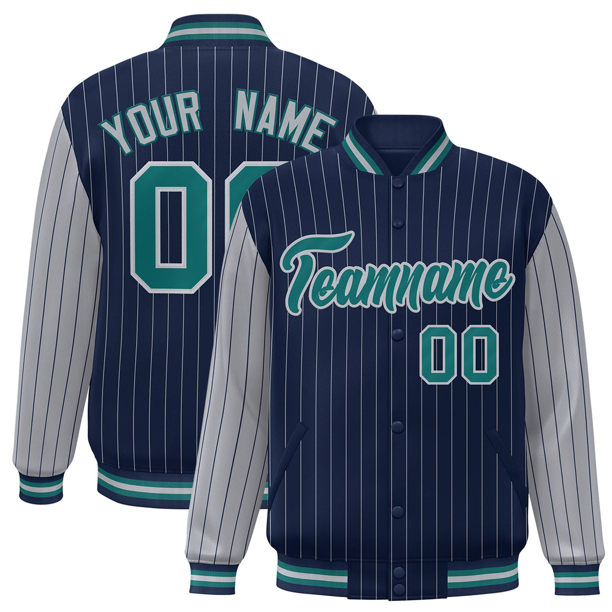 Custom Navy-Gray Pinstripe Gray-Aqua Bomber Full-Snap Varsity Letterman Jacket