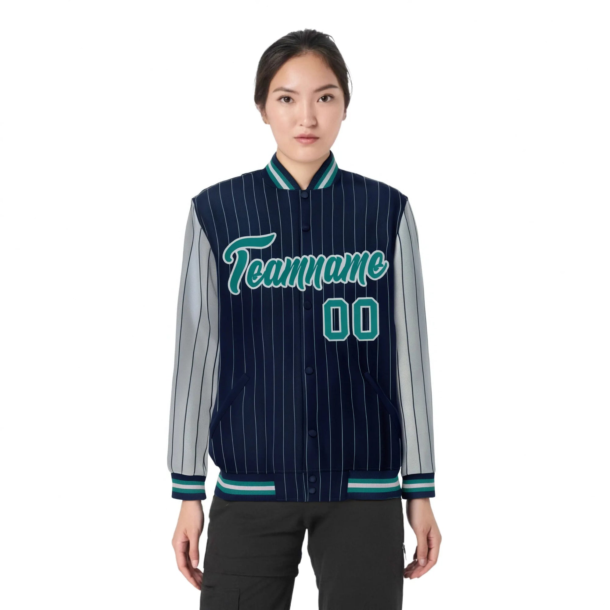 Custom Navy-Gray Pinstripe Gray-Aqua Bomber Full-Snap Varsity Letterman Jacket