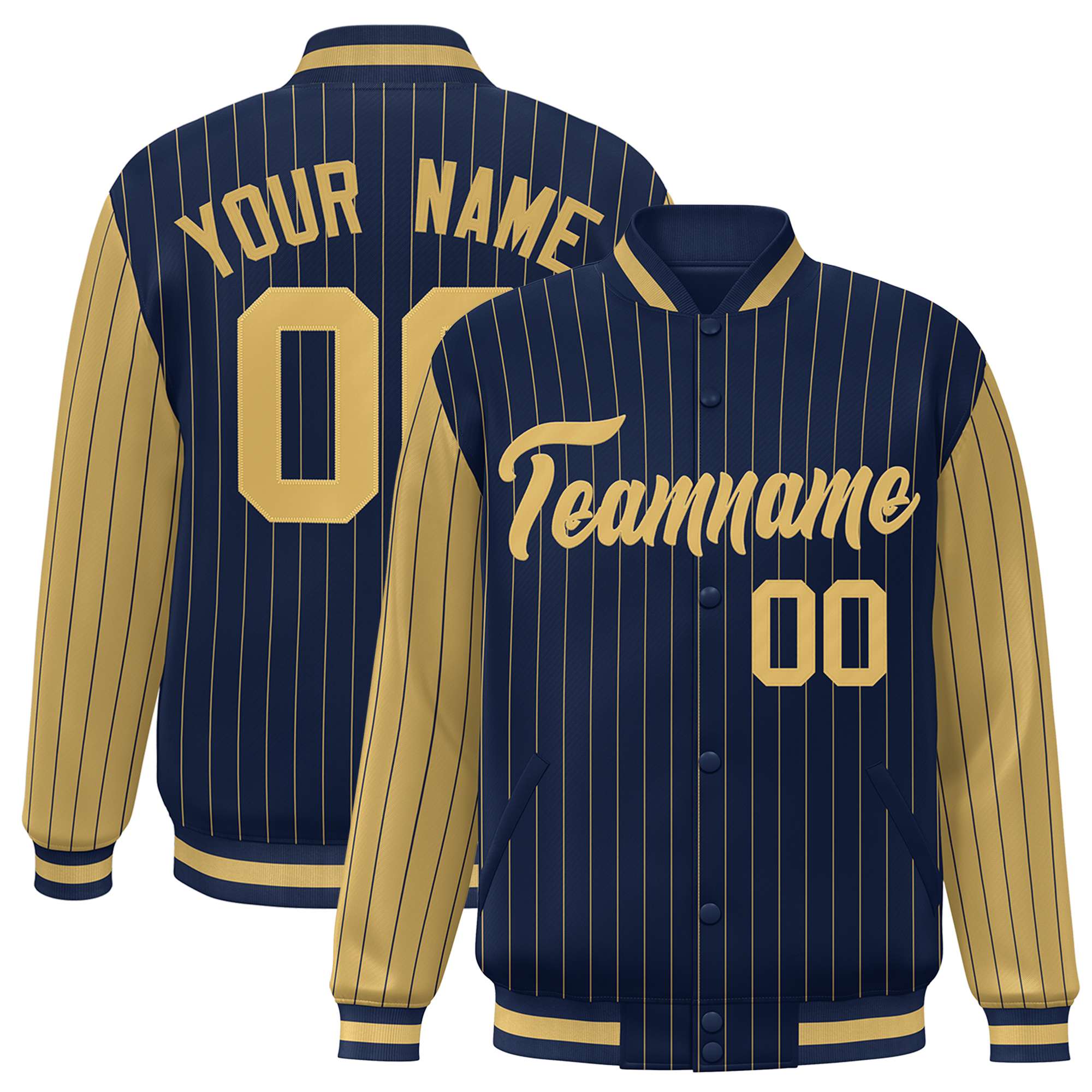 Custom Navy Old-Gold Pinstripe Old-Gold Bomber Full-Snap Varsity Letterman Jacket