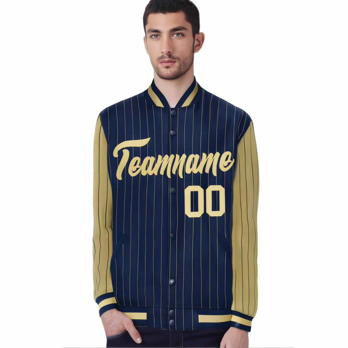 Custom Navy Old-Gold Pinstripe Old-Gold Bomber Full-Snap Varsity Letterman Jacket