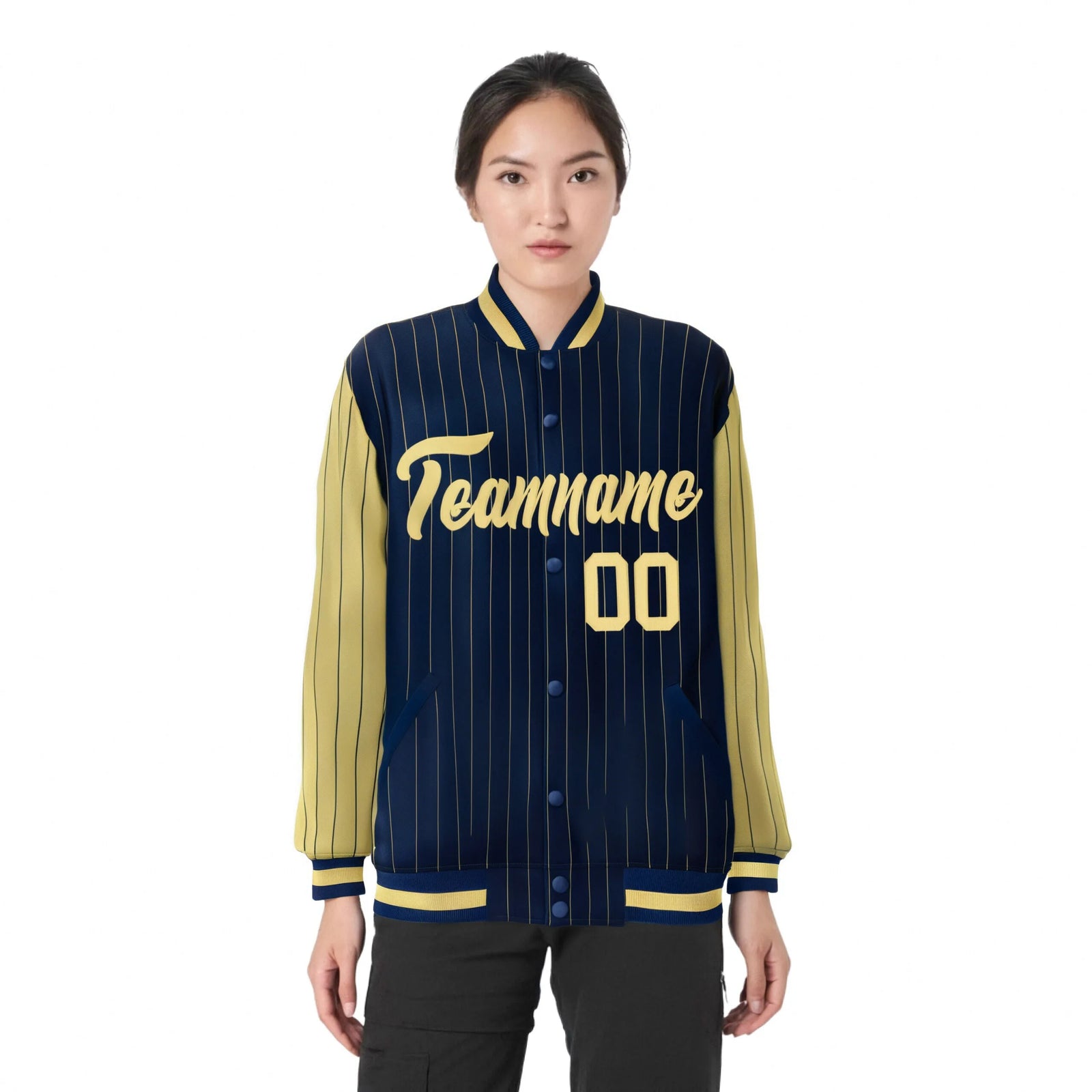 Custom Navy Old-Gold Pinstripe Old-Gold Bomber Full-Snap Varsity Letterman Jacket