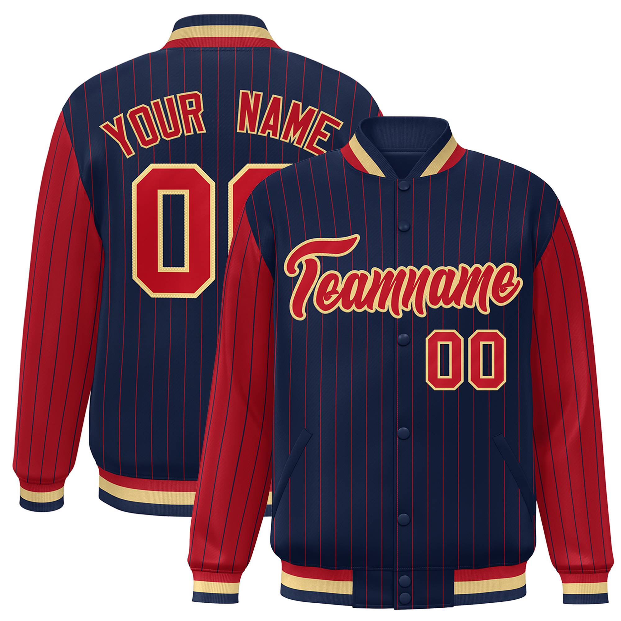 Custom Navy Red Pinstripe Old-Gold Red Bomber Full-Snap Varsity Letterman Jacket