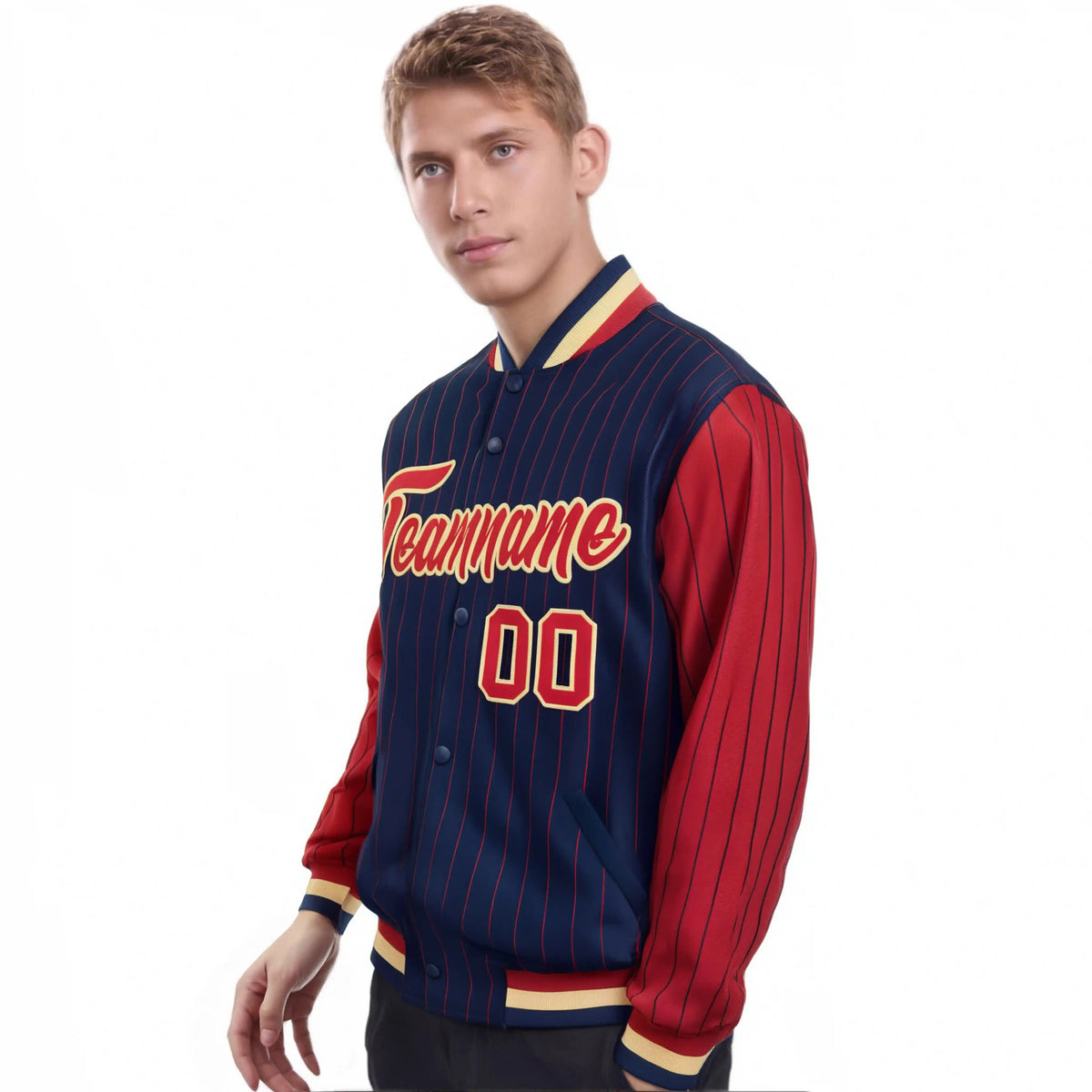 Custom Navy Red Pinstripe Old-Gold Red Bomber Full-Snap Varsity Letterman Jacket