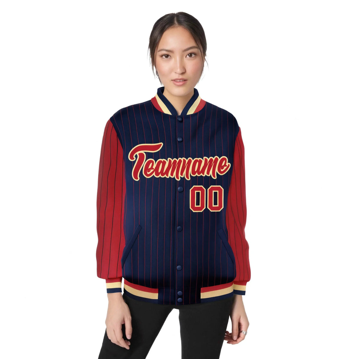 Custom Navy Red Pinstripe Old-Gold Red Bomber Full-Snap Varsity Letterman Jacket