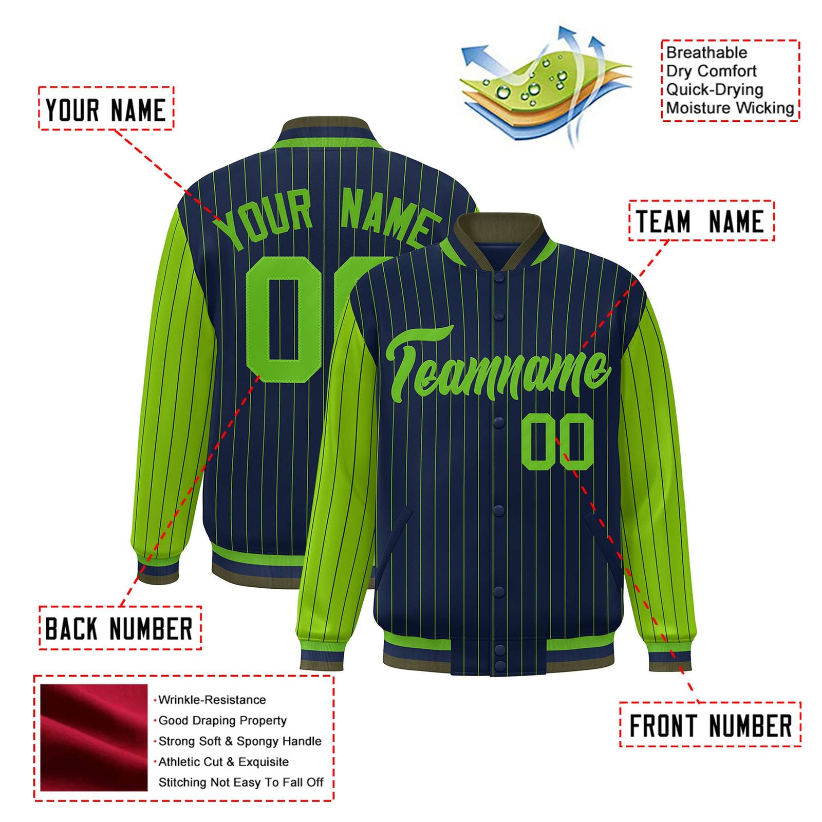 Custom Navy Neon-Green Pinstripe Neon-Green Bomber Full-Snap Varsity Letterman Jacket