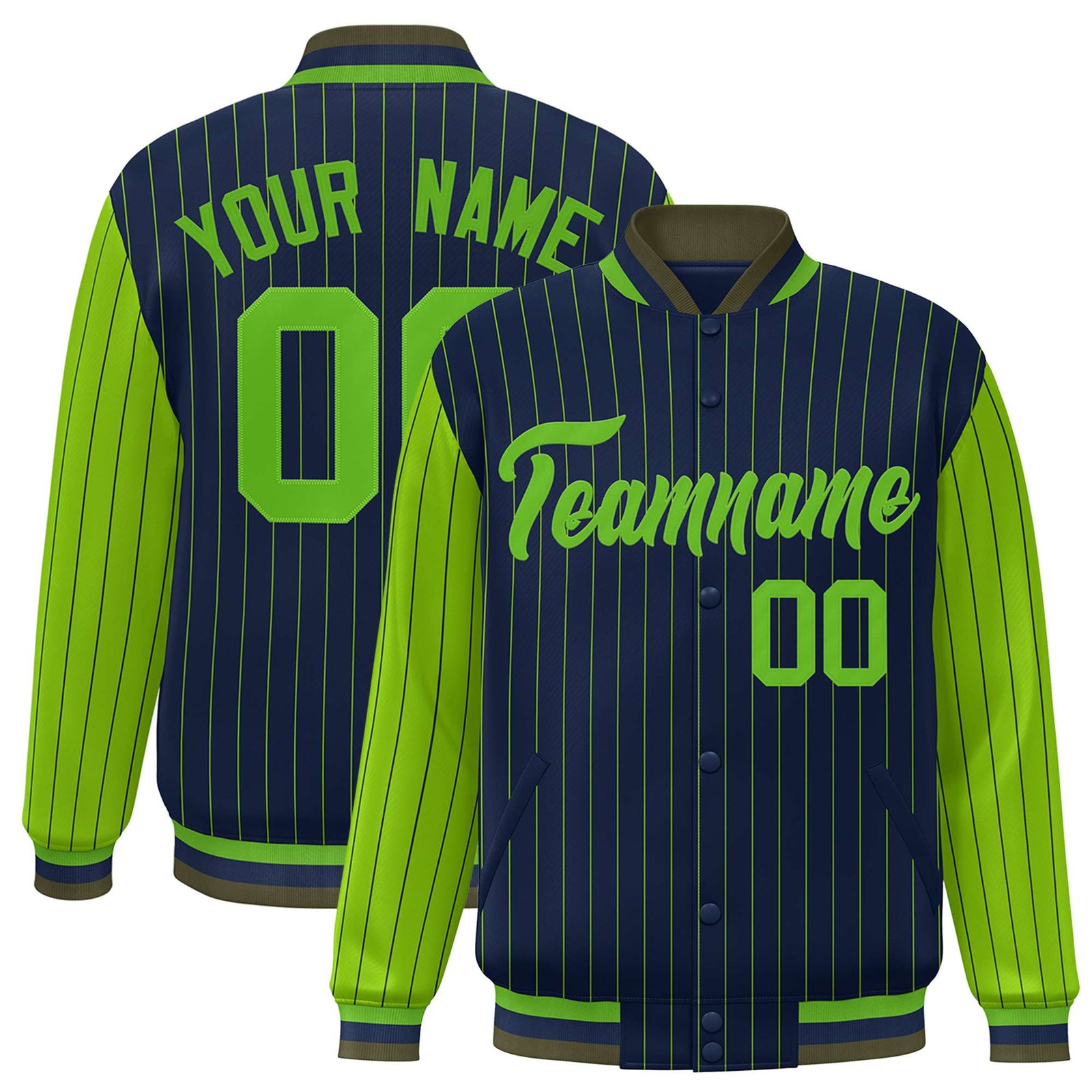 Custom Navy Neon-Green Pinstripe Neon-Green Bomber Full-Snap Varsity Letterman Jacket