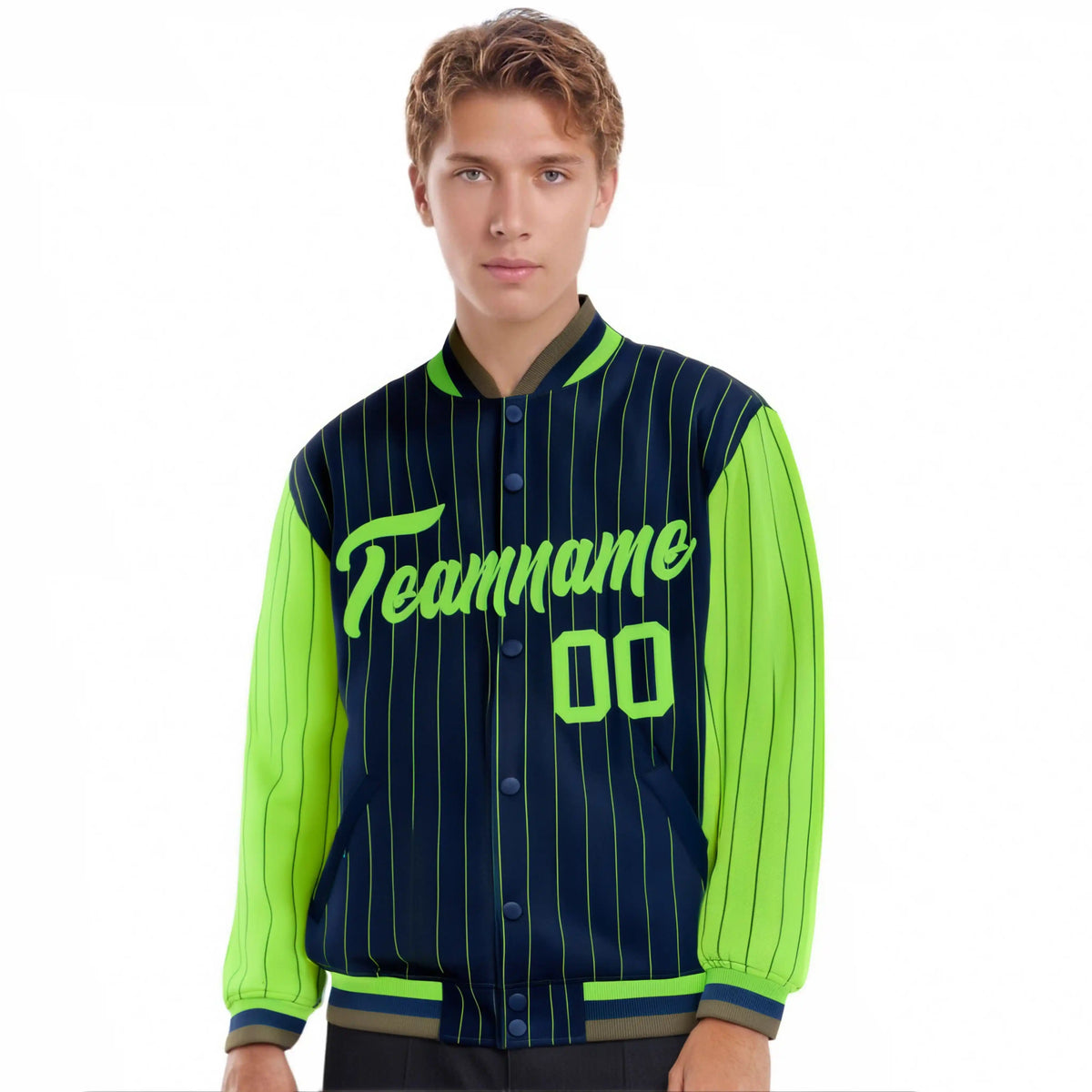 Custom Navy Neon-Green Pinstripe Neon-Green Bomber Full-Snap Varsity Letterman Jacket