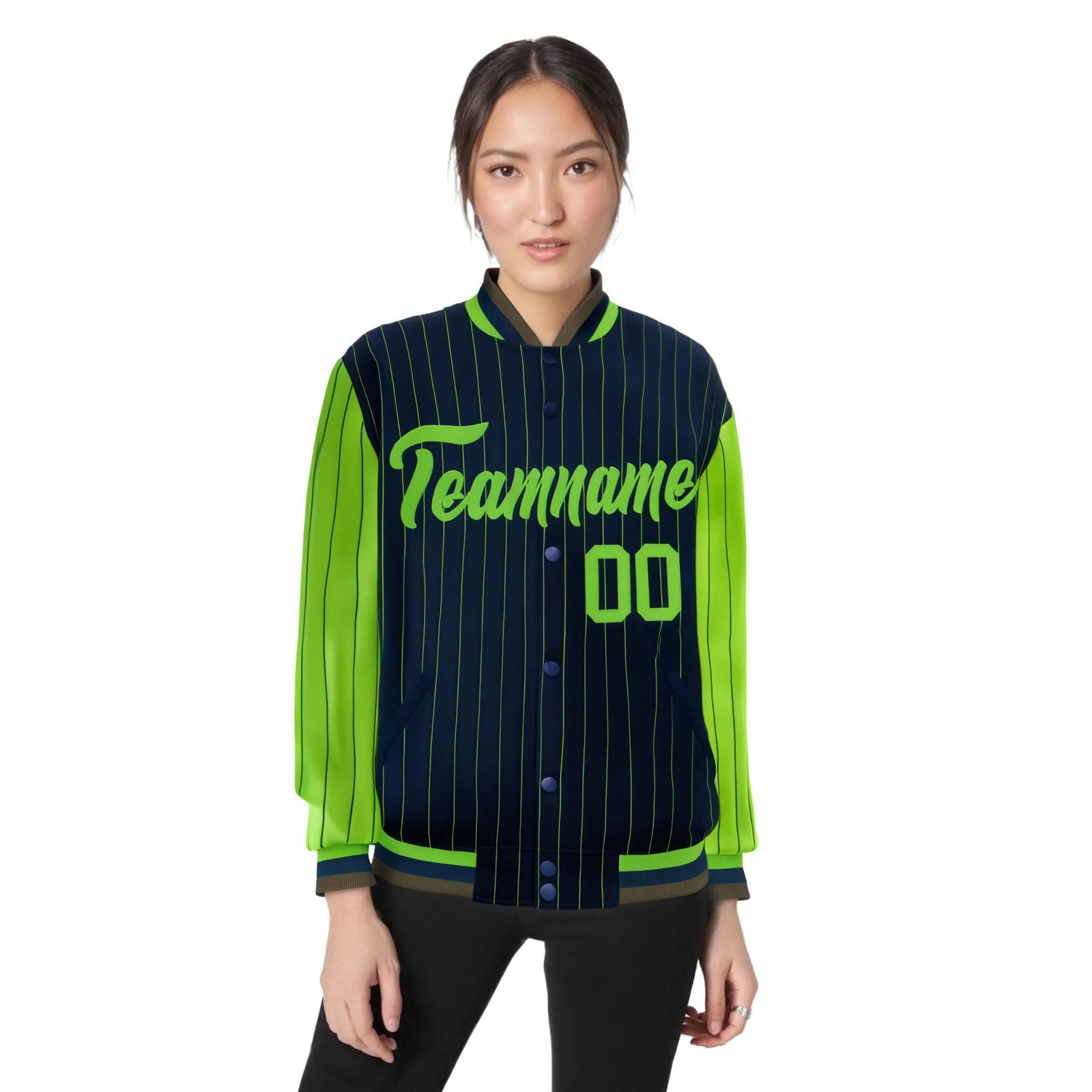 Custom Navy Neon-Green Pinstripe Neon-Green Bomber Full-Snap Varsity Letterman Jacket