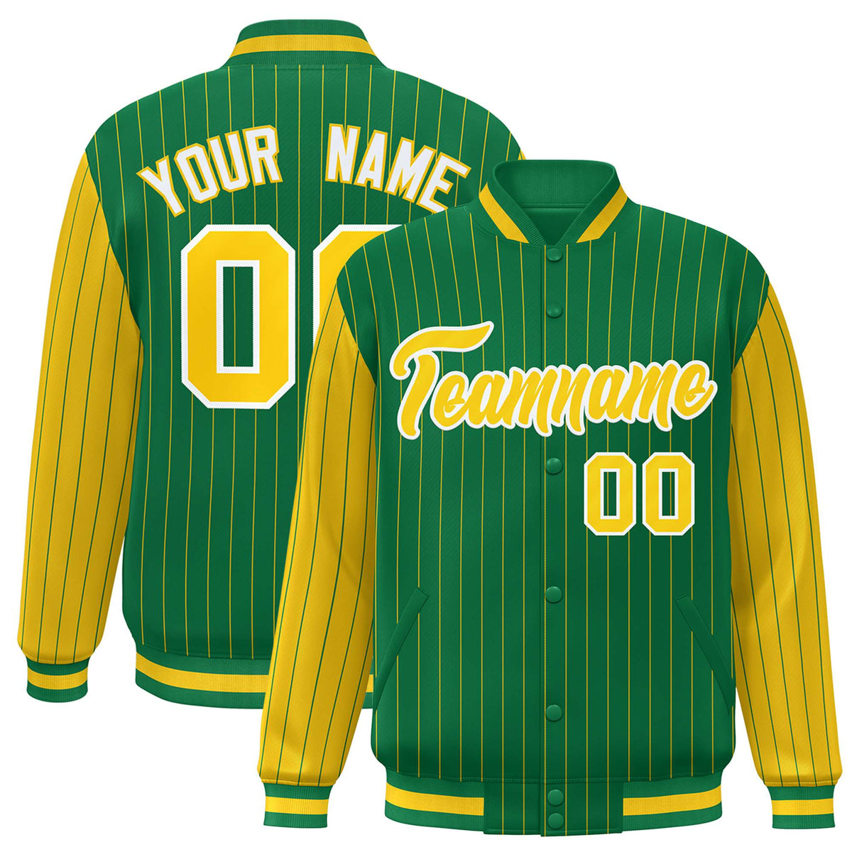 Custom Kelly Green Gold Pinstripe White-Gold Bomber Full-Snap Varsity Letterman Jacket