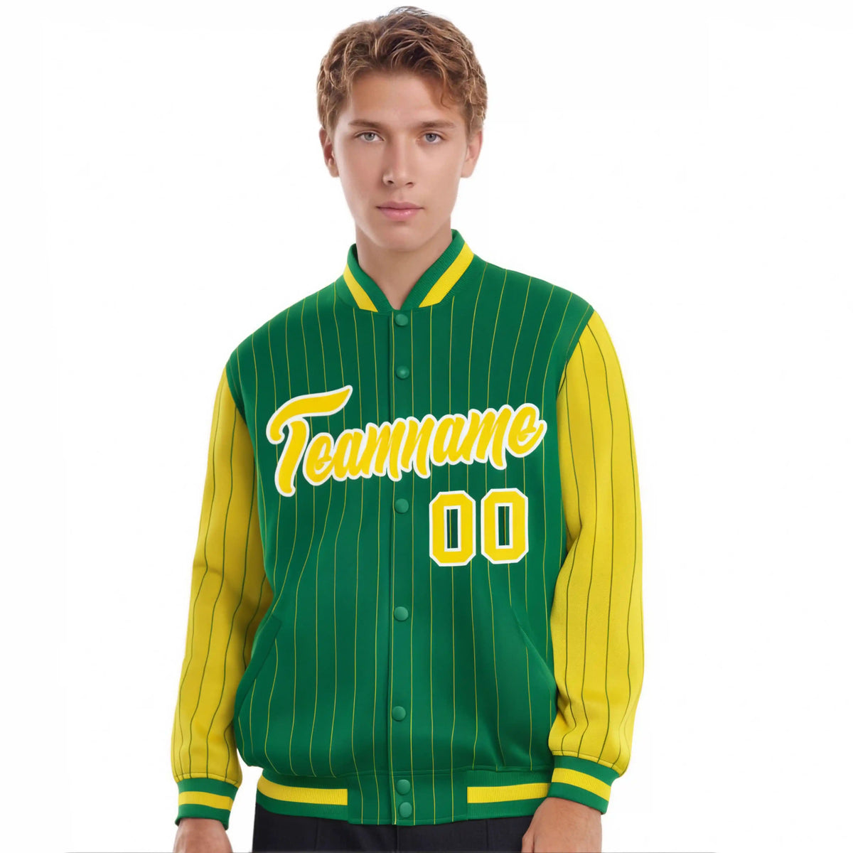 Custom Kelly Green Gold Pinstripe White-Gold Bomber Full-Snap Varsity Letterman Jacket