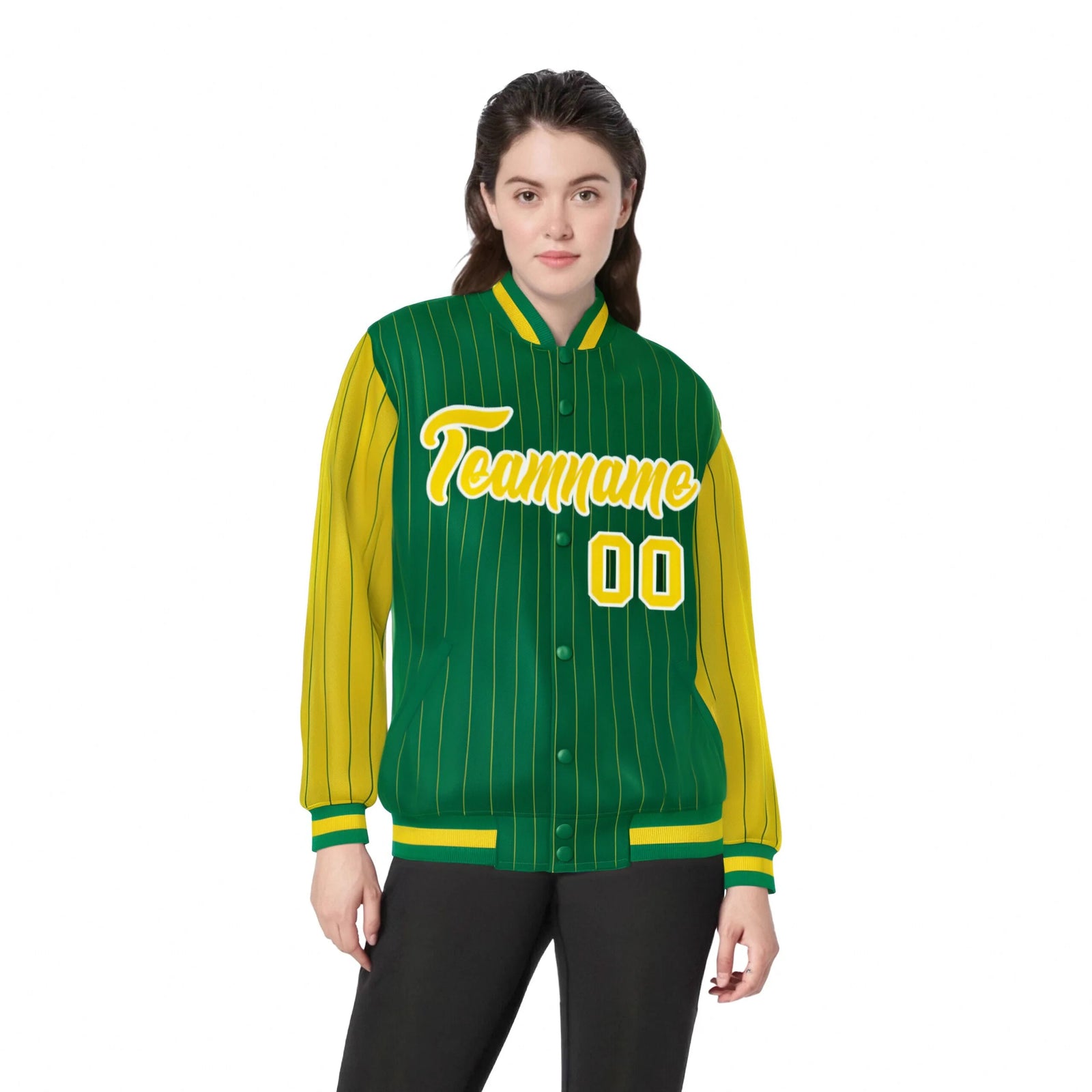 Custom Kelly Green Gold Pinstripe White-Gold Bomber Full-Snap Varsity Letterman Jacket