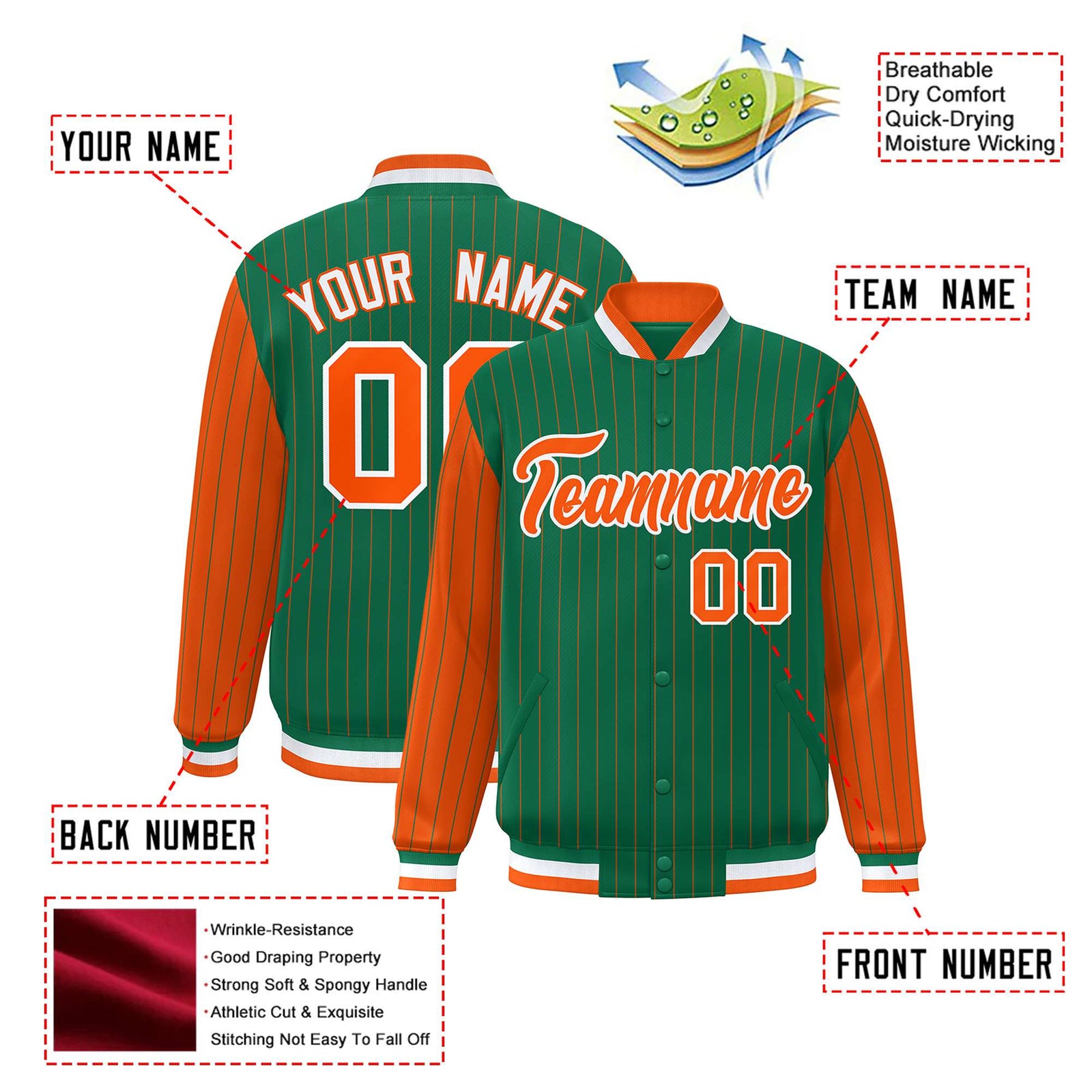 Custom Kelly Green Orange Pinstripe White-Orange Bomber Full-Snap Varsity Letterman Jacket