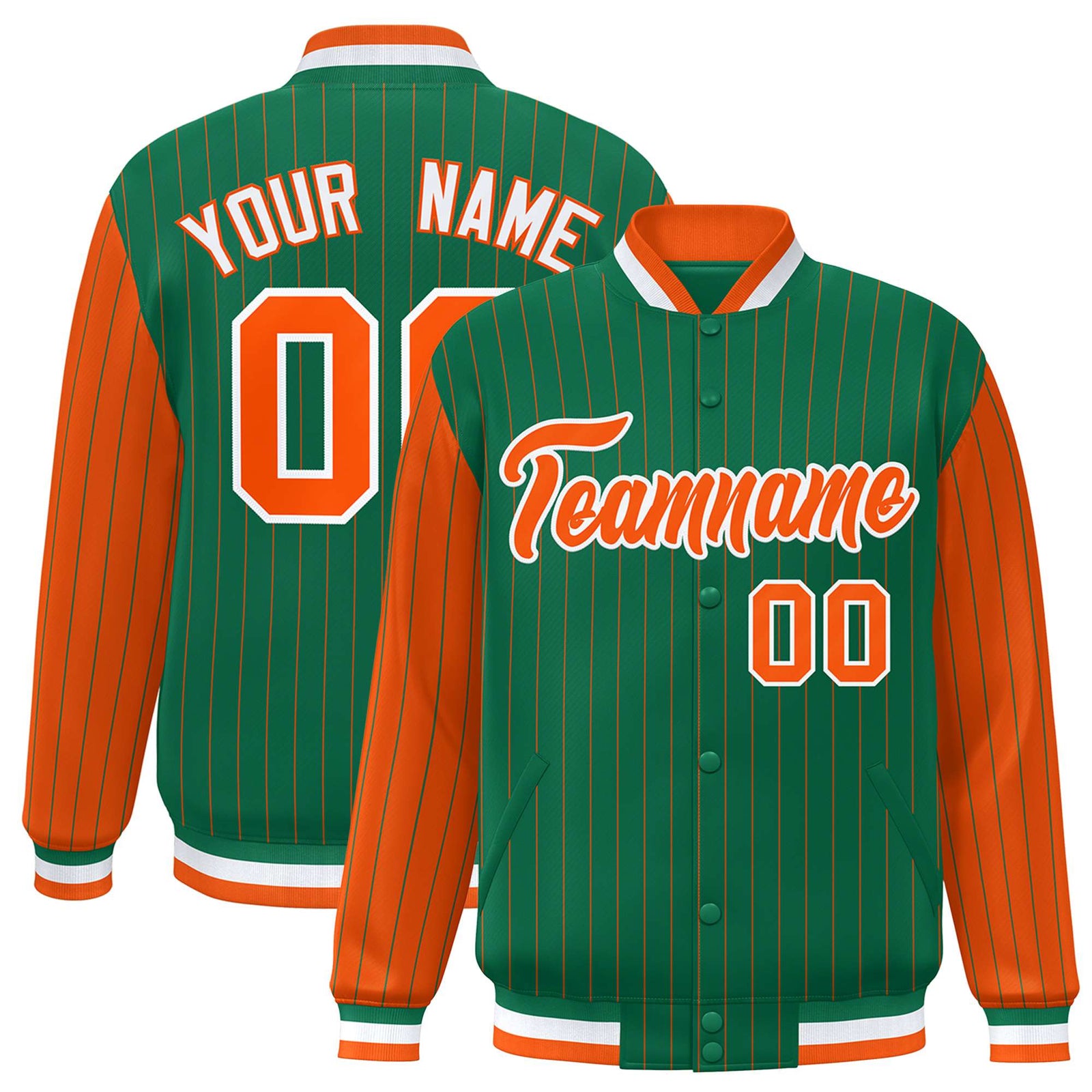 Custom Kelly Green Orange Pinstripe White-Orange Bomber Full-Snap Varsity Letterman Jacket