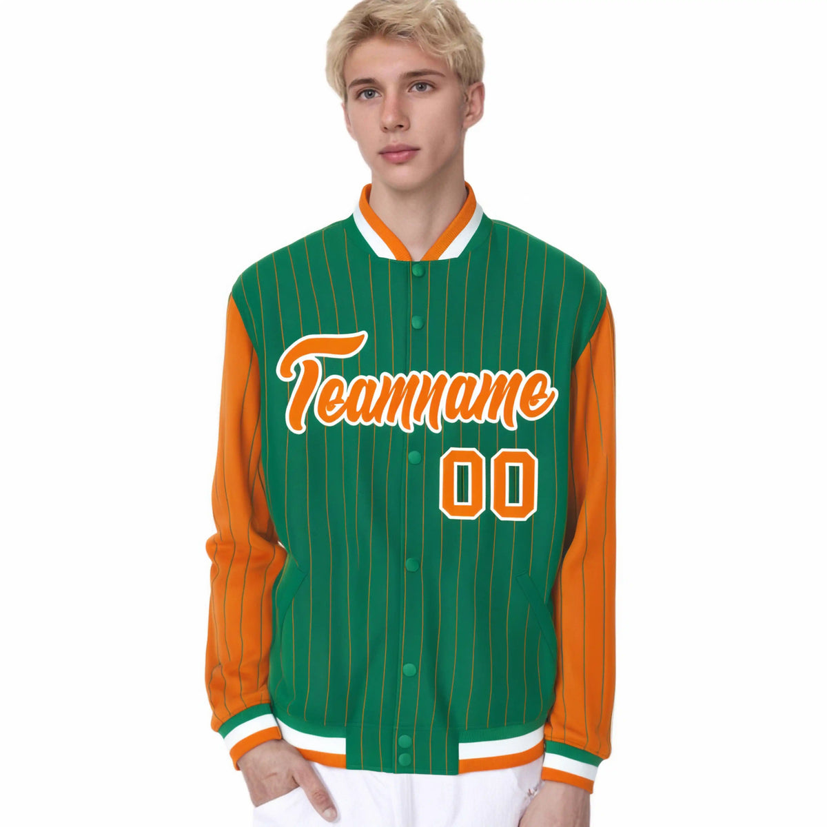 Custom Kelly Green Orange Pinstripe White-Orange Bomber Full-Snap Varsity Letterman Jacket
