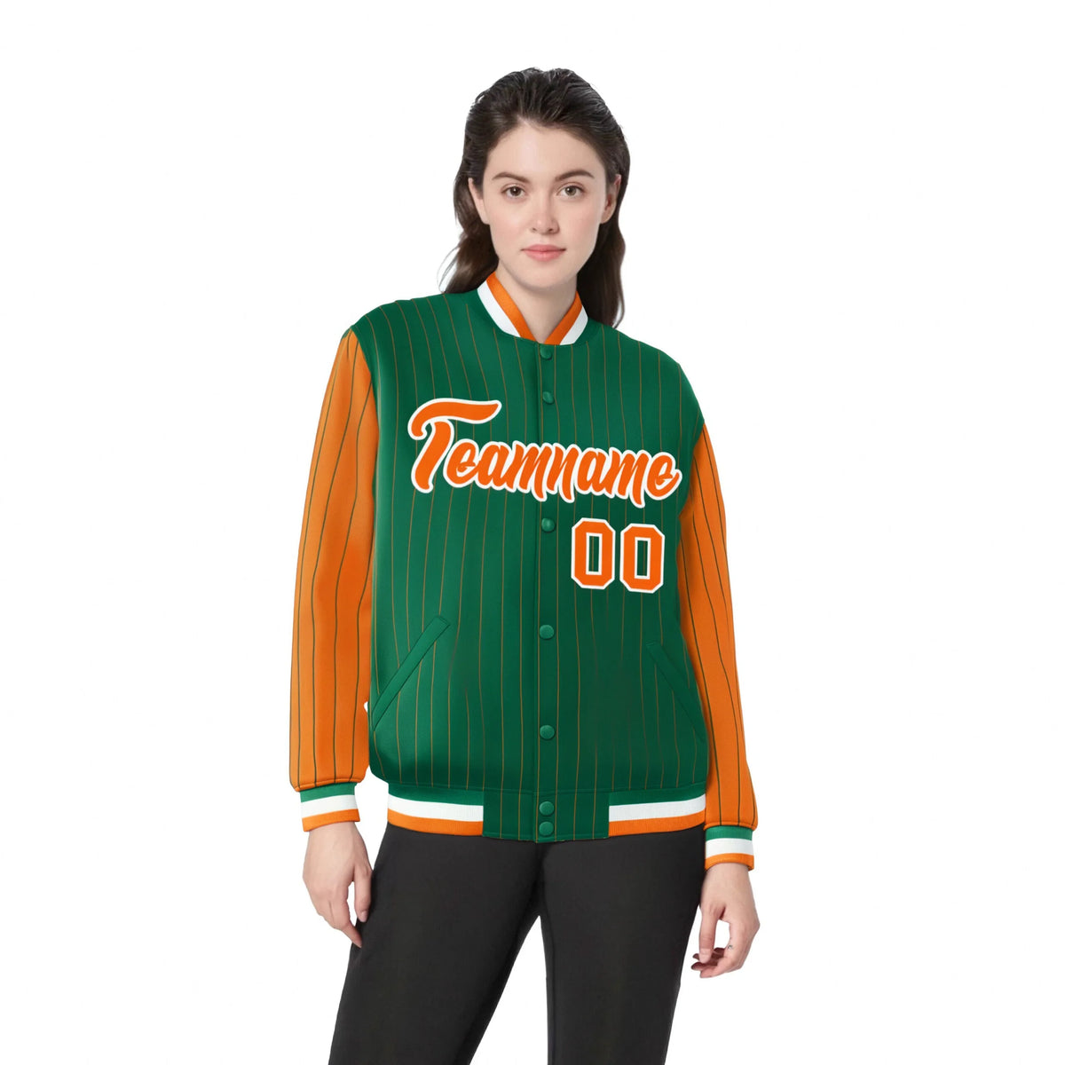 Custom Kelly Green Orange Pinstripe White-Orange Bomber Full-Snap Varsity Letterman Jacket