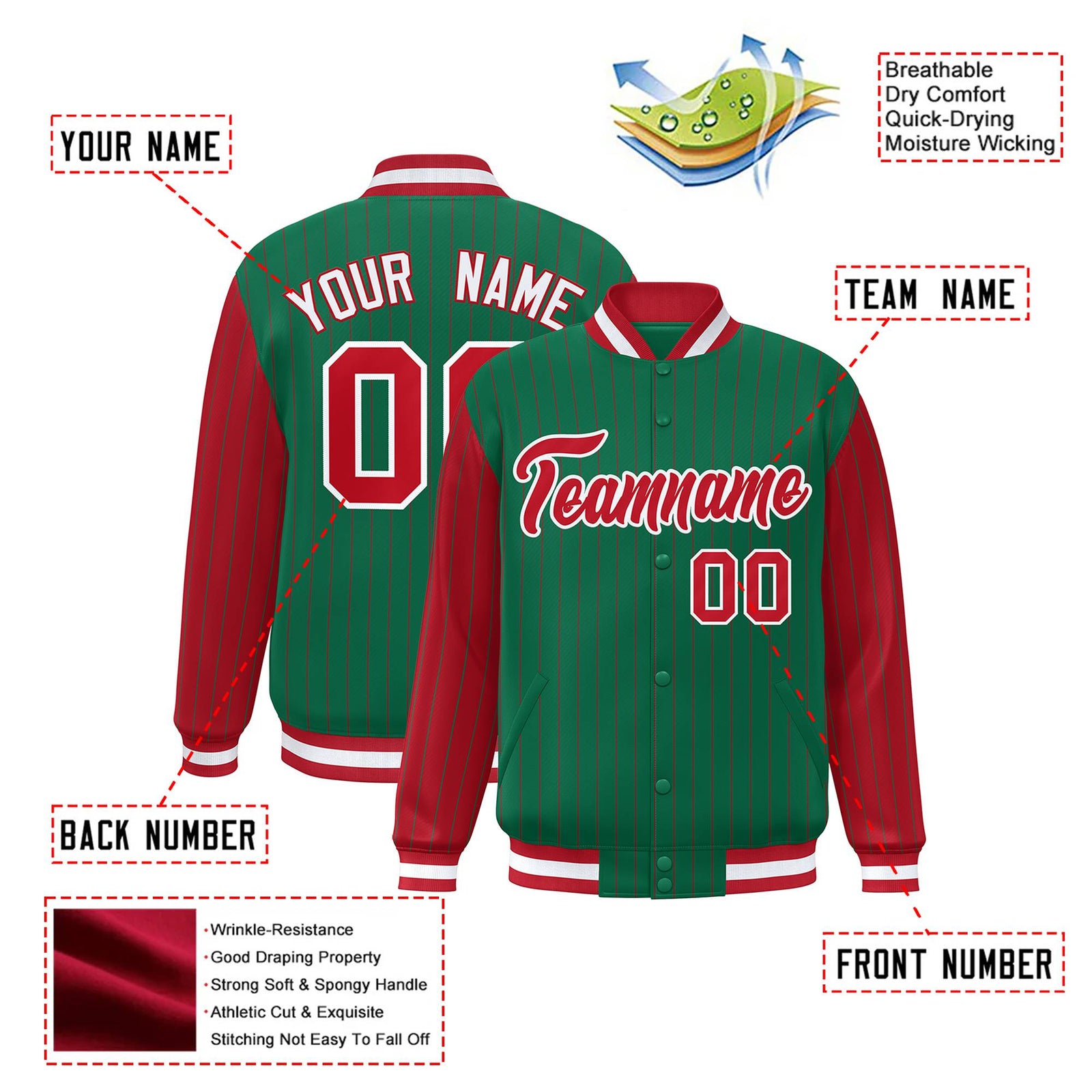 Custom Kelly Green Red Pinstripe White-Red Bomber Full-Snap Varsity Letterman Jacket