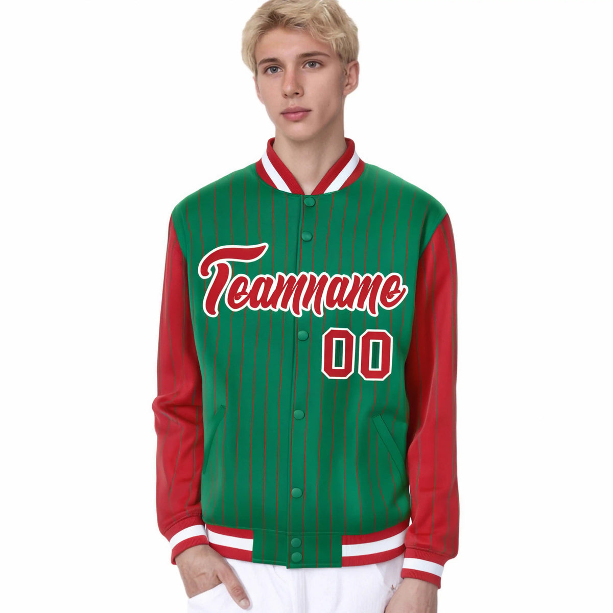 Custom Kelly Green Red Pinstripe White-Red Bomber Full-Snap Varsity Letterman Jacket