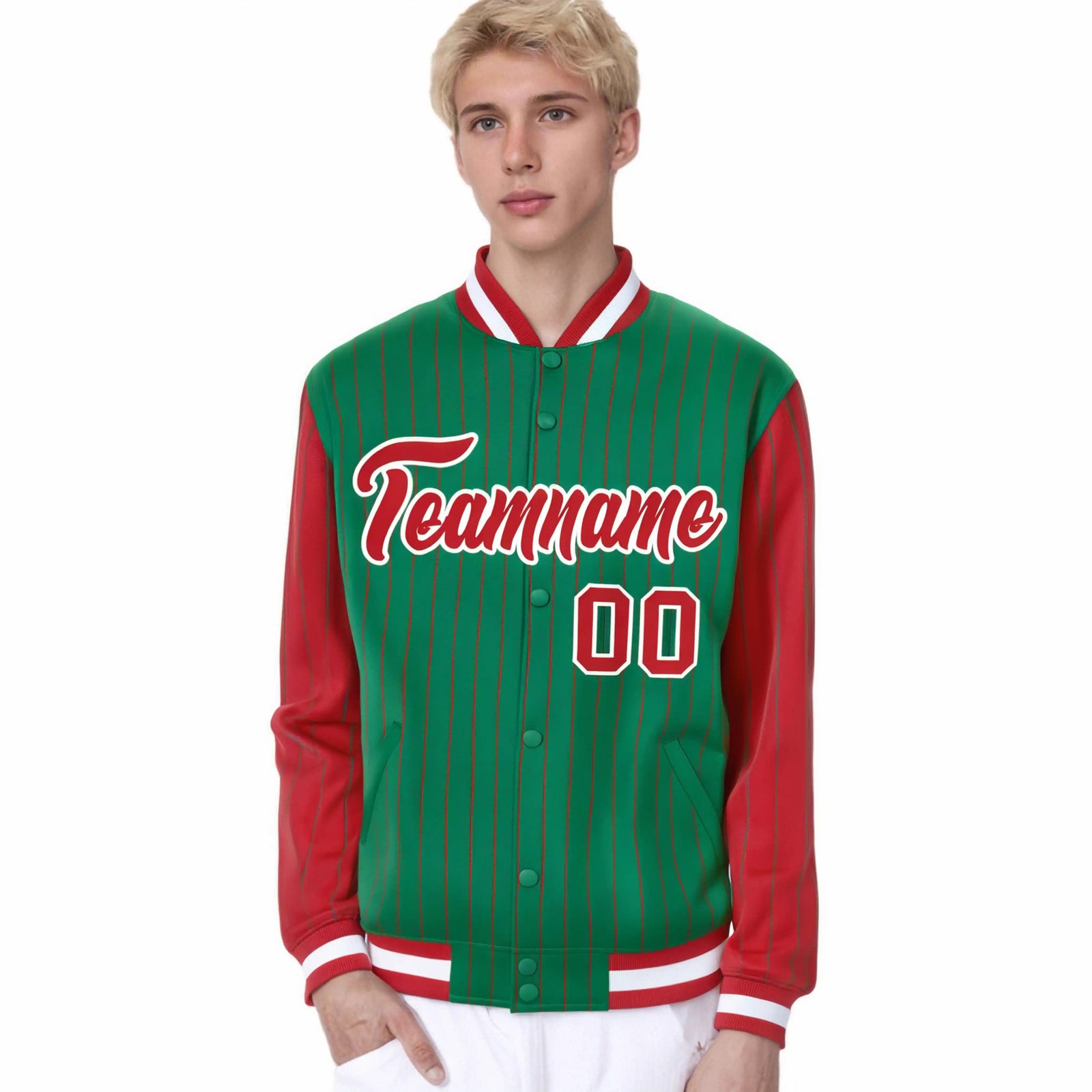 Custom Kelly Green Red Pinstripe White-Red Bomber Full-Snap Varsity Letterman Jacket