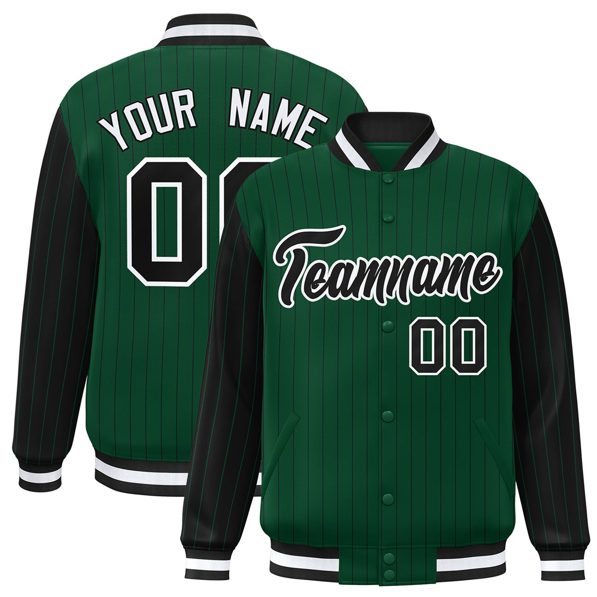 Custom Kelly Green Black Pinstripe White-Black Bomber Full-Snap Varsity Letterman Jacket