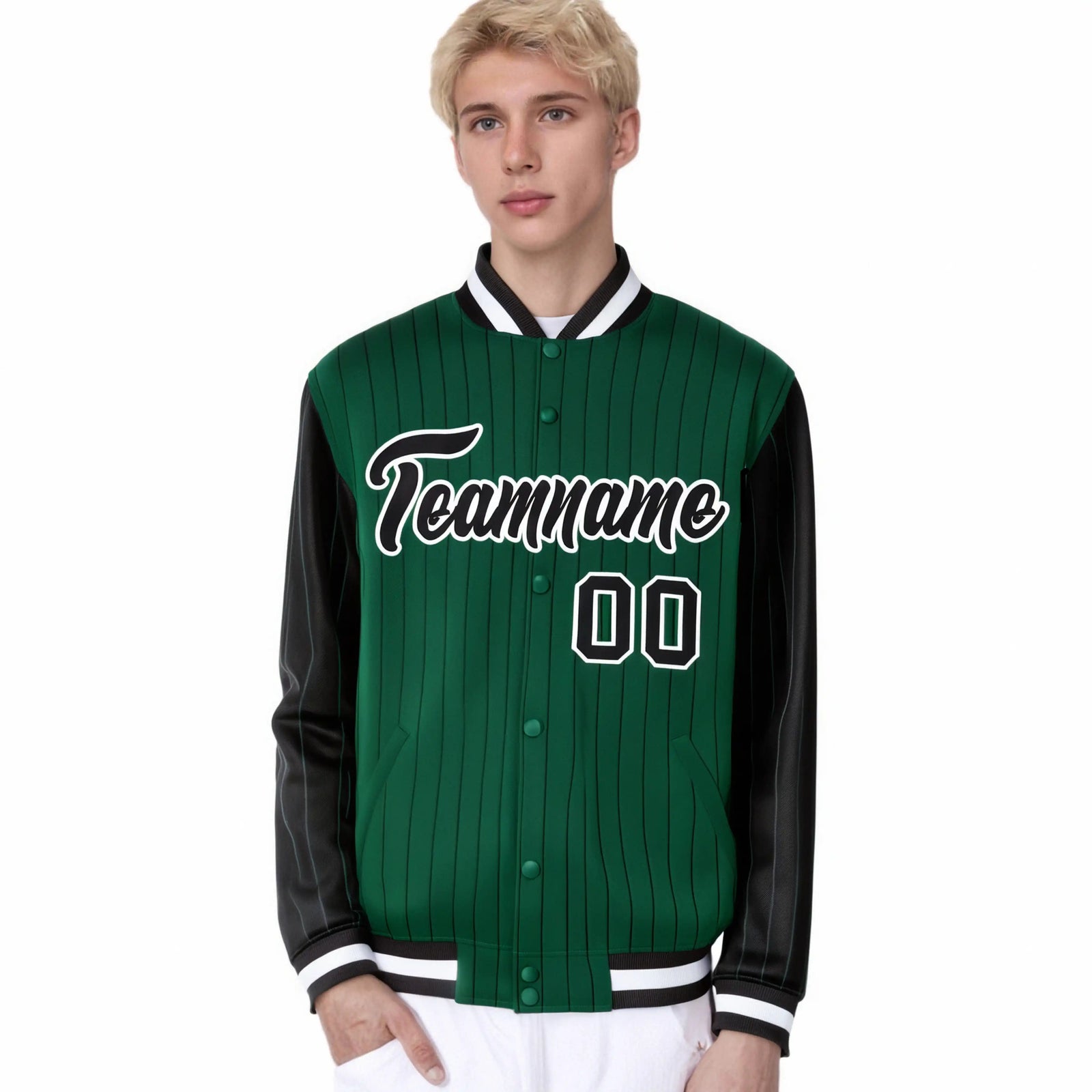 Custom Kelly Green Black Pinstripe White-Black Bomber Full-Snap Varsity Letterman Jacket