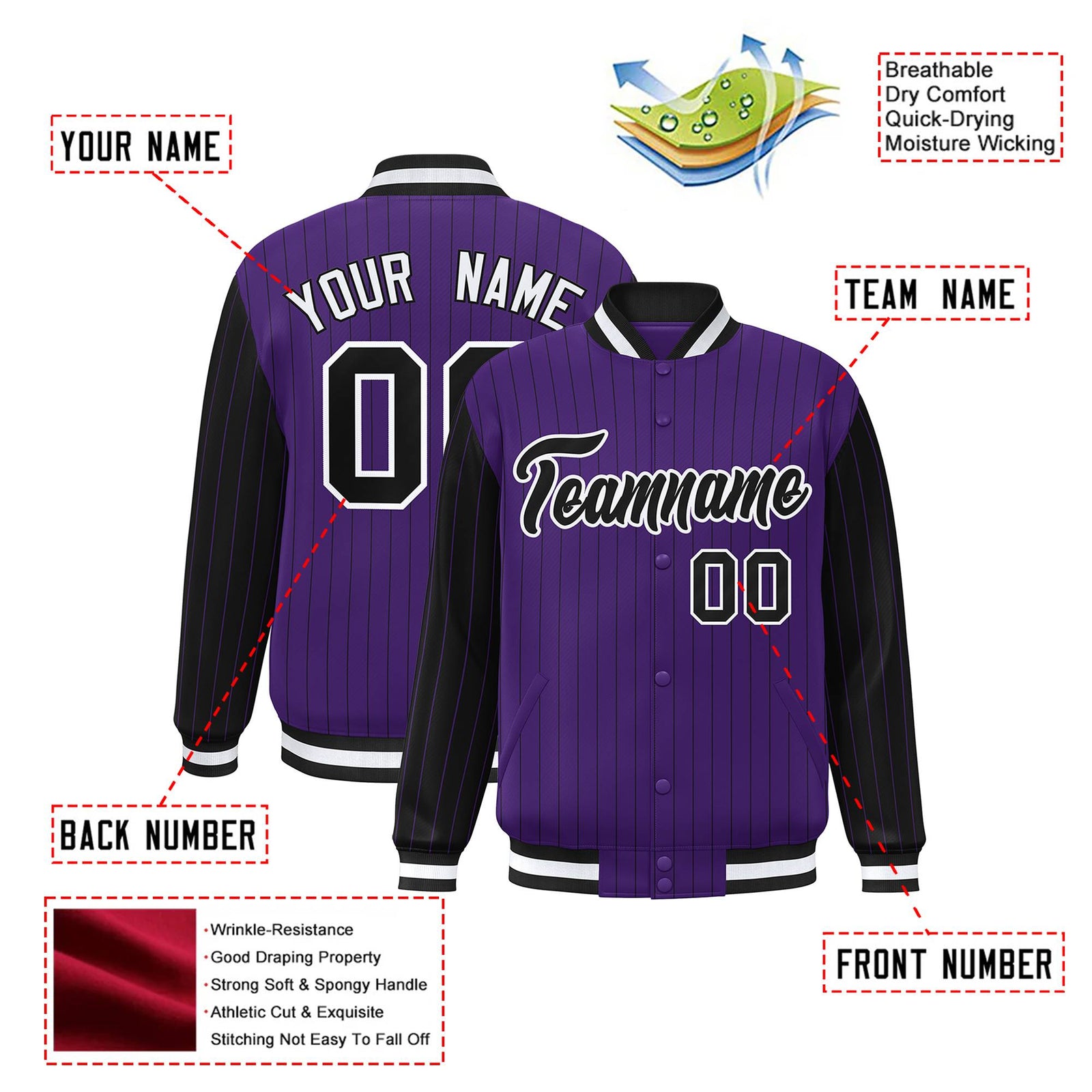 Custom Purple Black Pinstripe White-Black Bomber Full-Snap Varsity Letterman Jacket