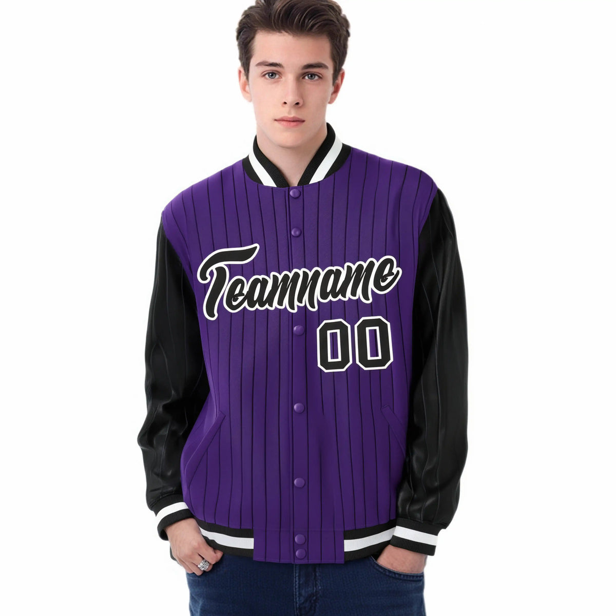 Custom Purple Black Pinstripe White-Black Bomber Full-Snap Varsity Letterman Jacket