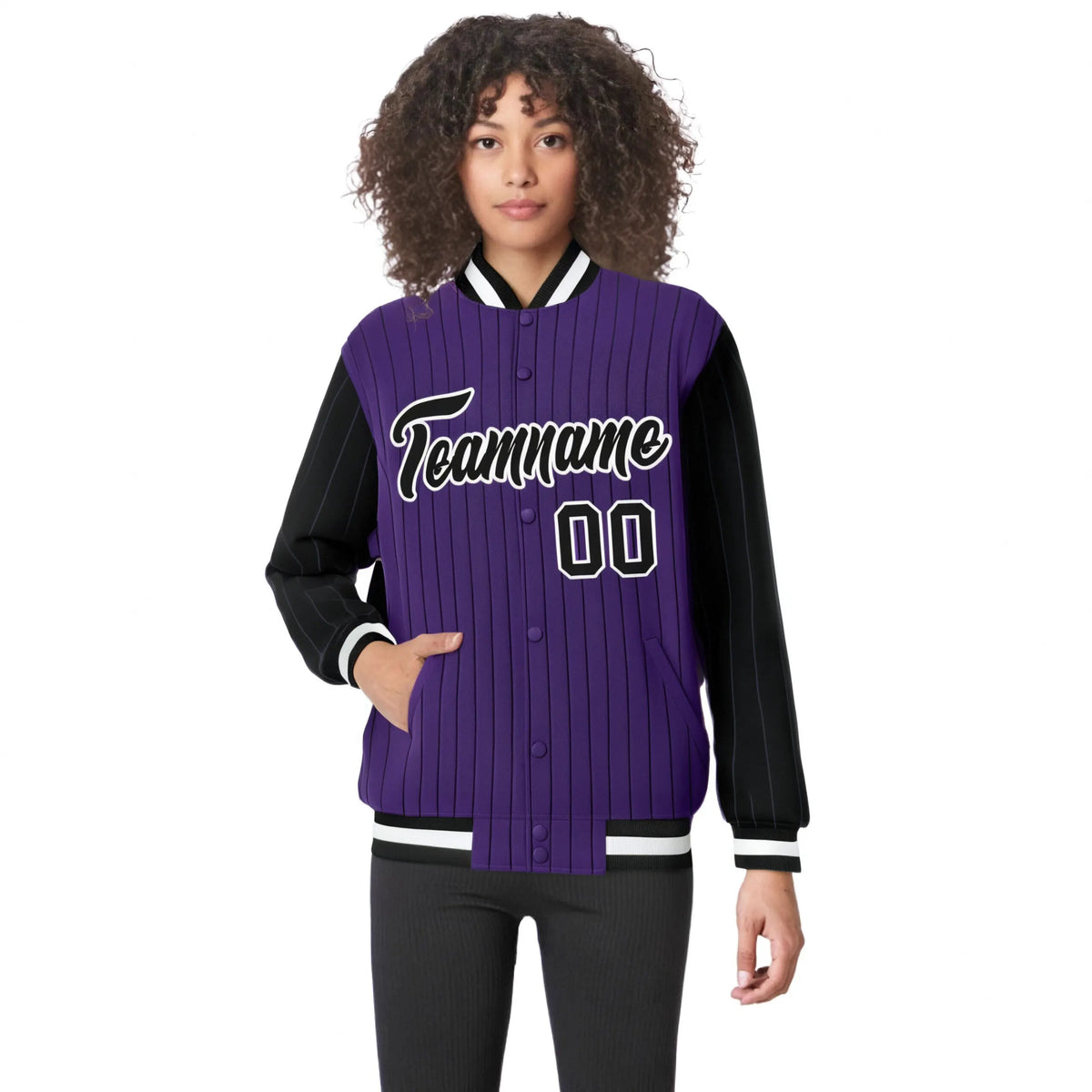 Custom Purple Black Pinstripe White-Black Bomber Full-Snap Varsity Letterman Jacket