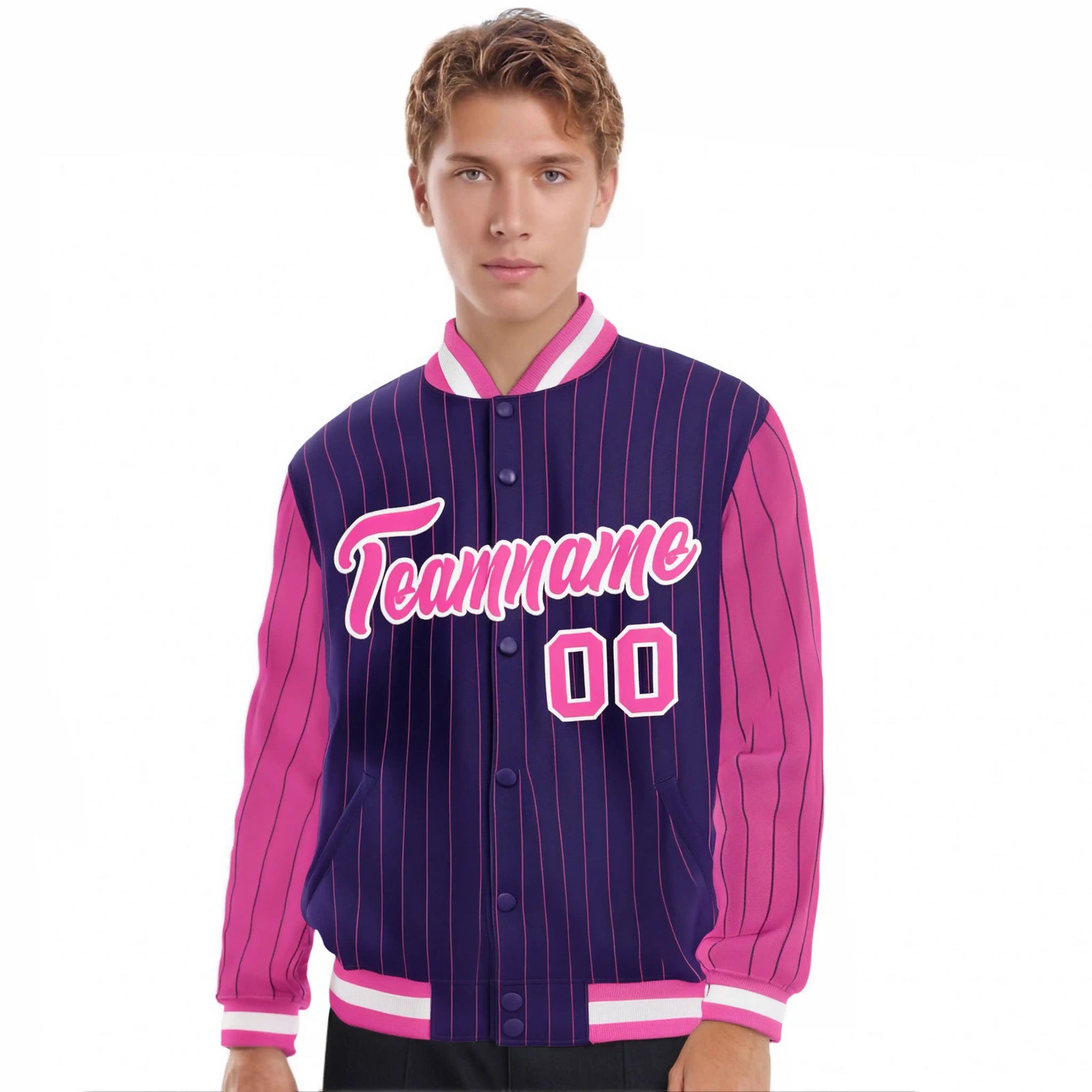 Custom Purple Pink Pinstripe White-Pink Bomber Full-Snap Varsity Letterman Jacket