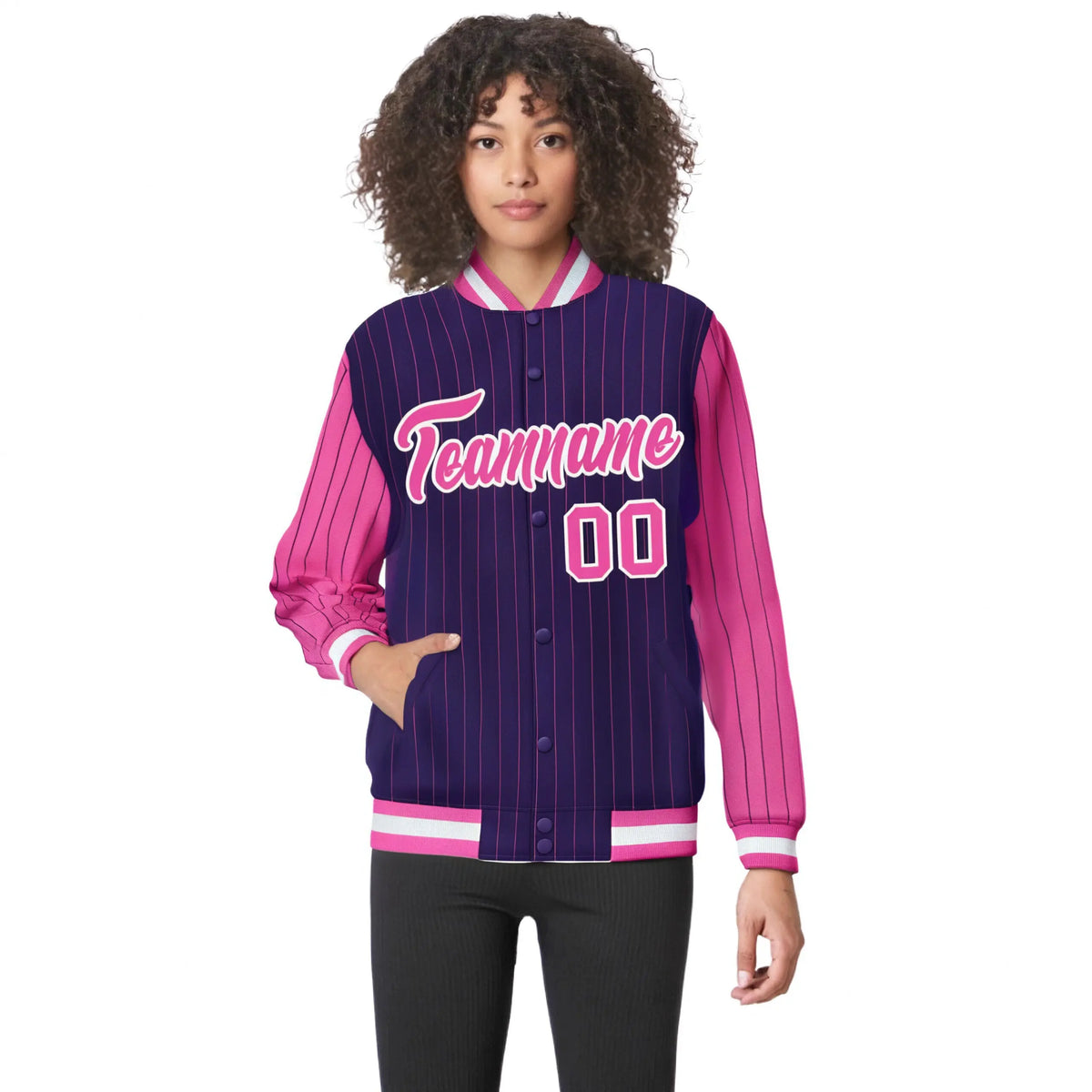 Custom Purple Pink Pinstripe White-Pink Bomber Full-Snap Varsity Letterman Jacket